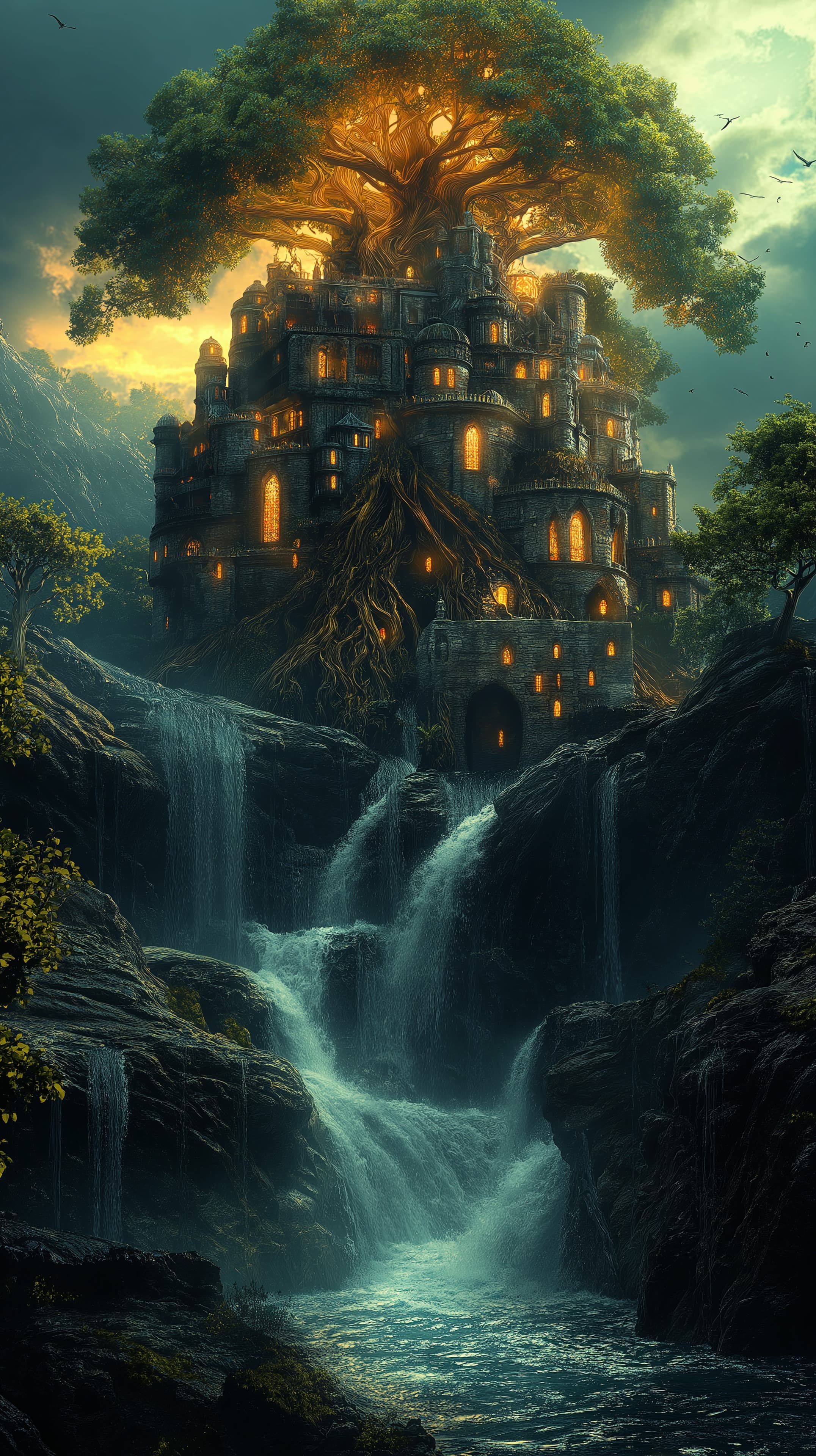 Enchanted Tree Castle Rising Above a Misty Twilight Valley - High Resolution castle Wallpaper for Mobile and Desktop