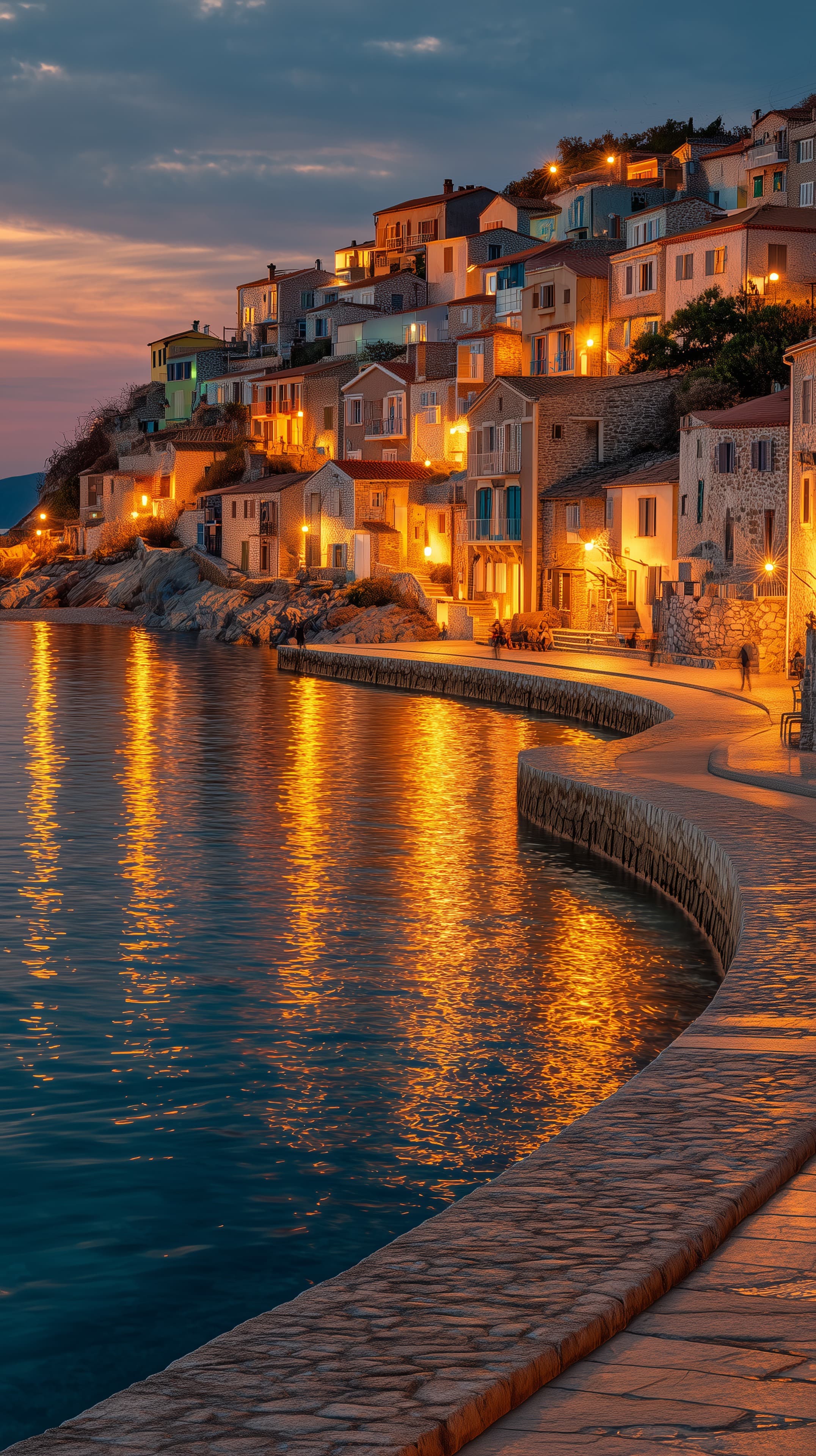 Sunset Waterfront Village: Warmly Lit Coastal Hillside Town - High Resolution coastal-town Wallpaper for Mobile and Desktop