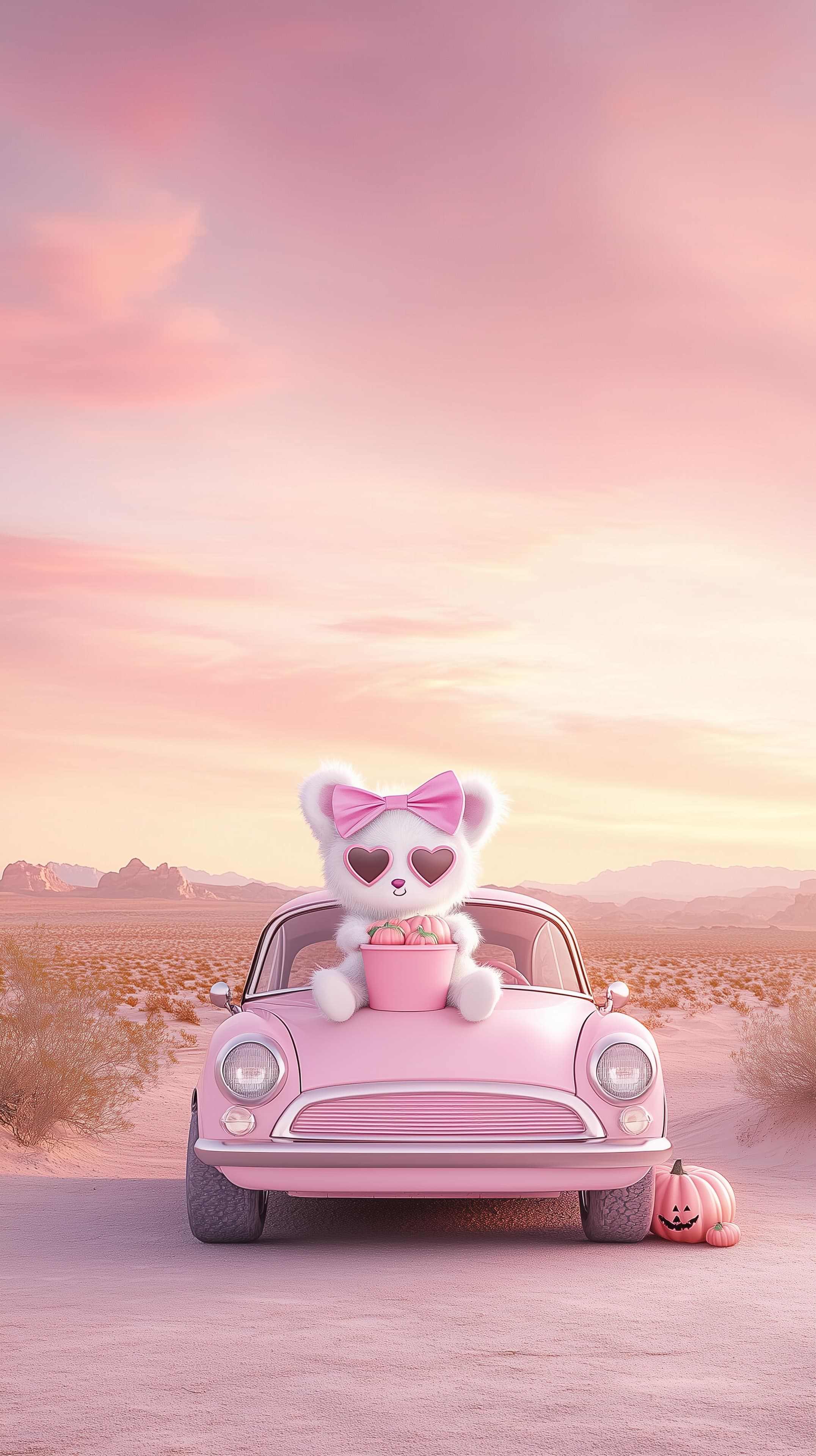 Pastel Pink Cute Car Scene with Plush Bear in Desert - High Resolution cute-character Wallpaper for Mobile and Desktop