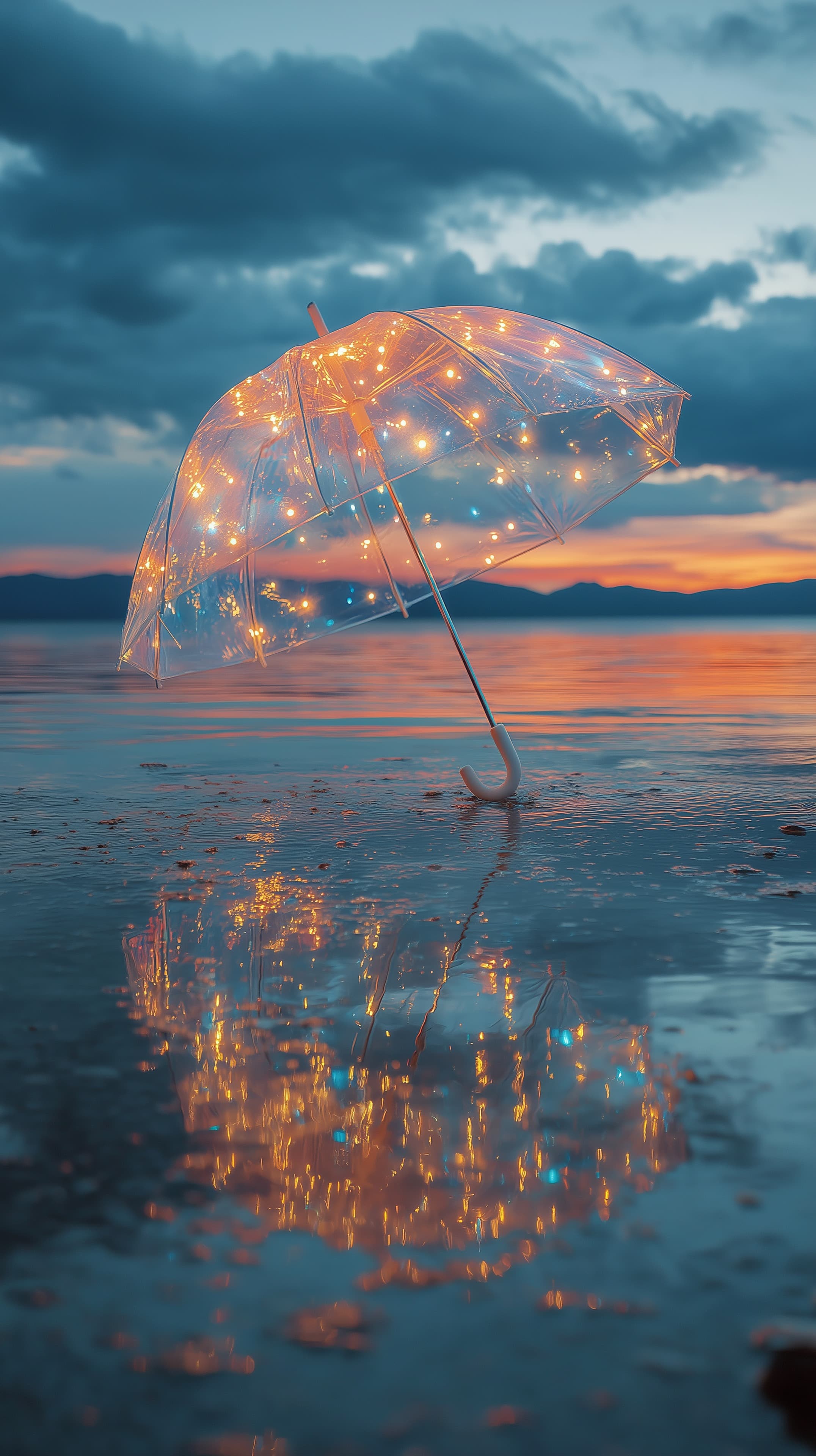 Dreamy sunset umbrella with twinkling lights on water - High Resolution calm-water Wallpaper for Mobile and Desktop