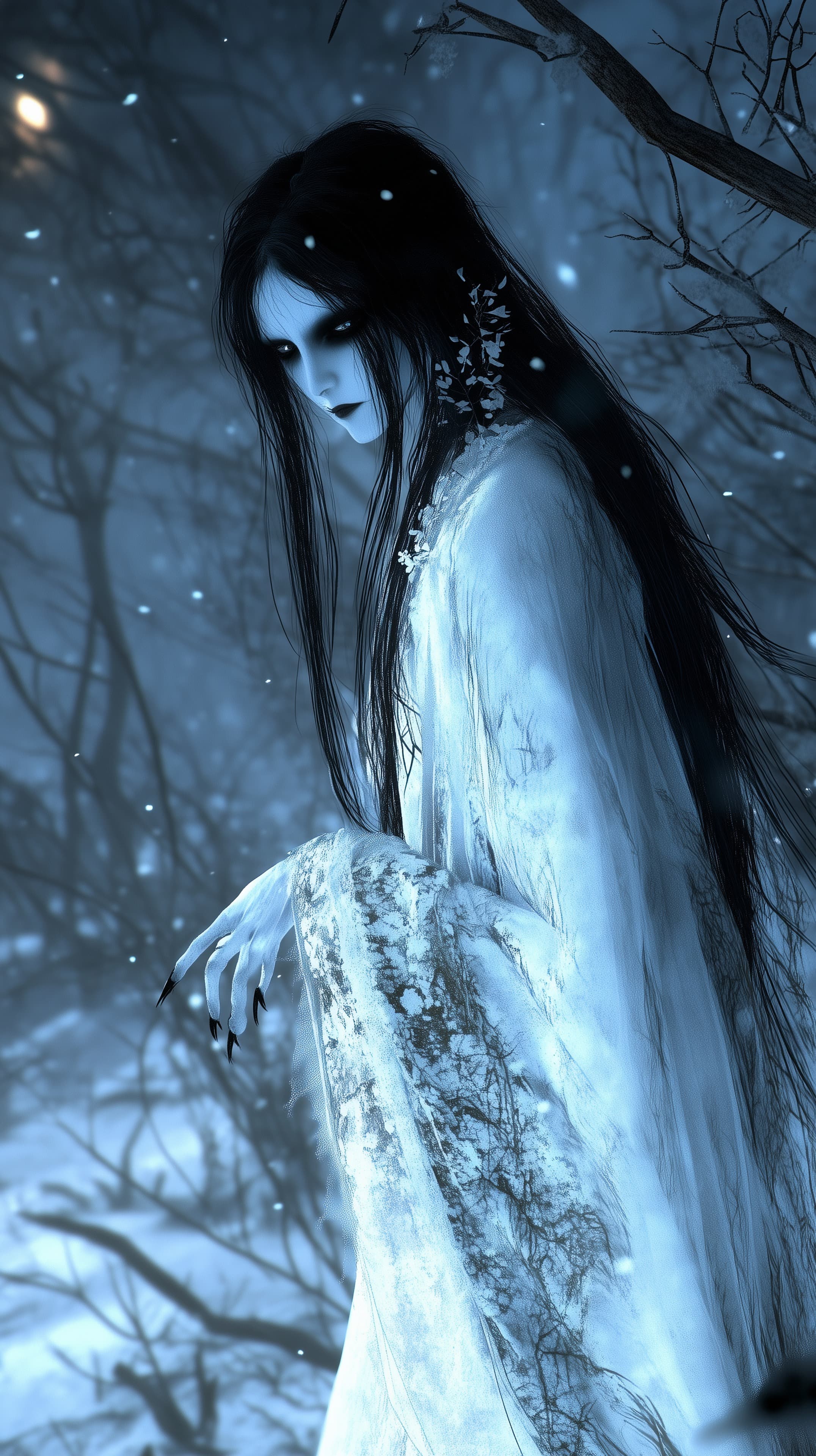 Winter Night Spirit in an Icy Moonlit Forest – Ethereal Artwork - High Resolution blue-toned Wallpaper for Mobile and Desktop