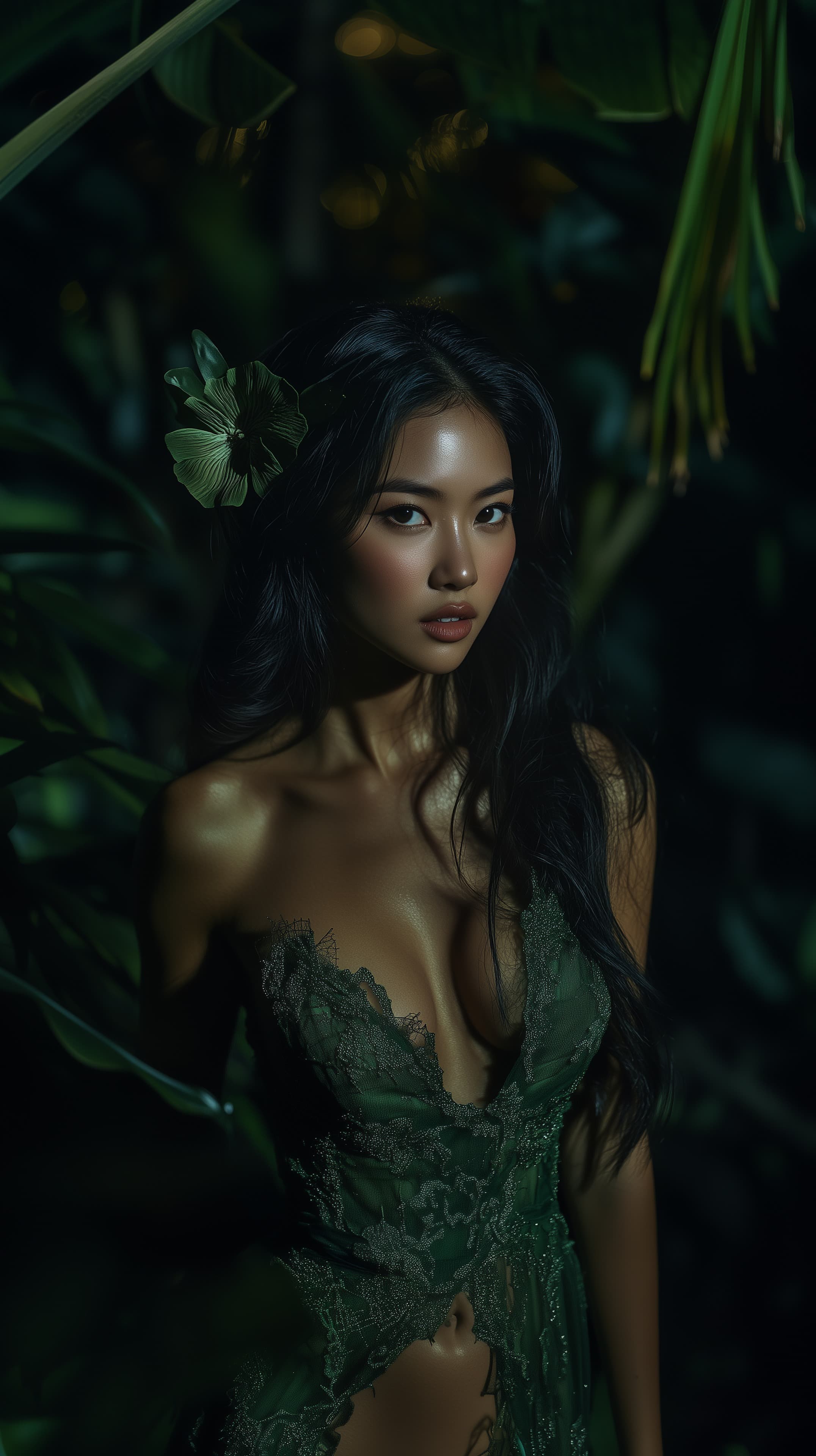 Emerald Lace Dream: Tropical Night Portrait Wallpaper - High Resolution cinematic-aesthetic Wallpaper for Mobile and Desktop