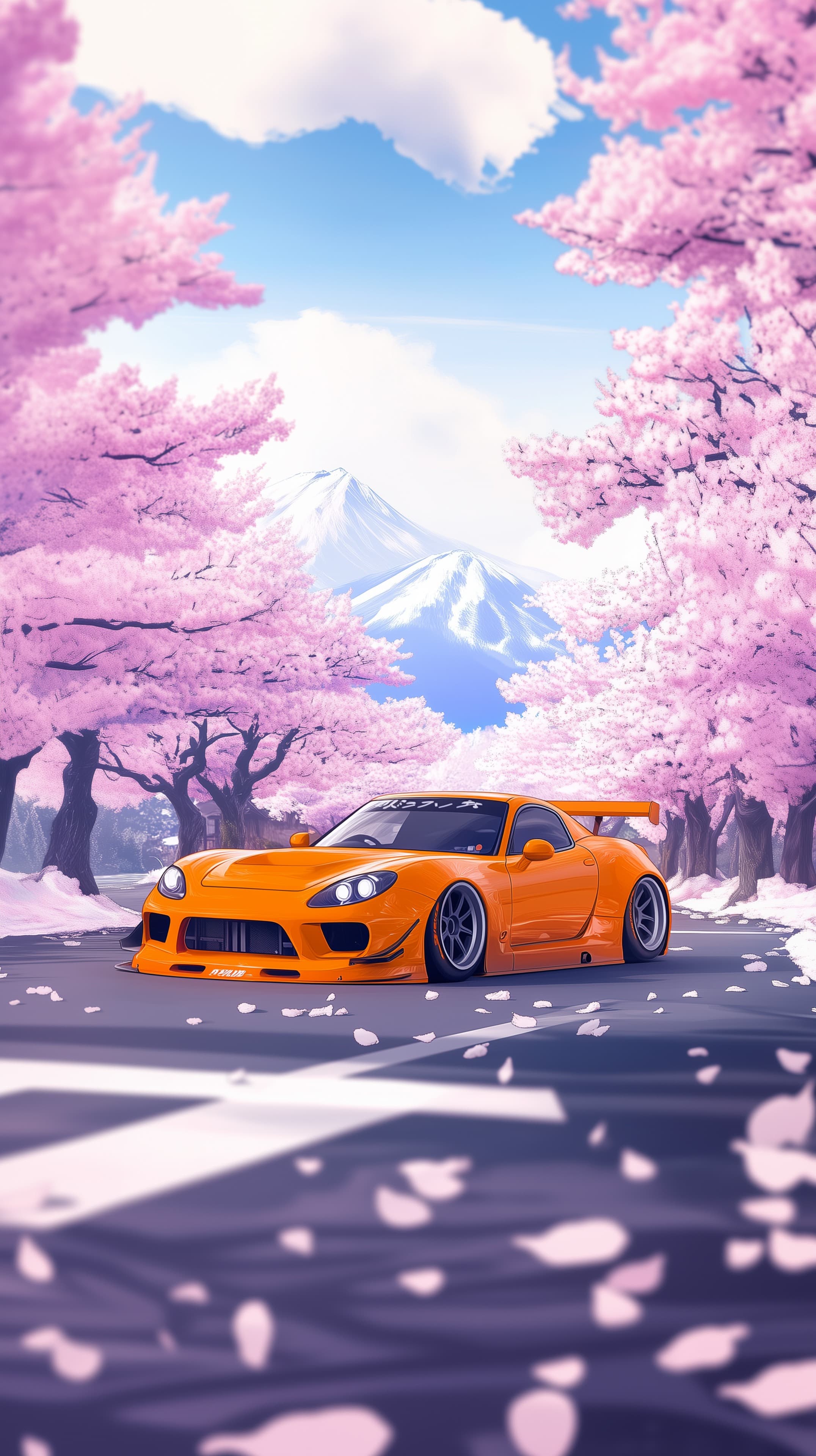Vibrant orange sports car amid pink cherry blossoms and mountains - High Resolution anime-inspired-art Wallpaper for Mobile and Desktop