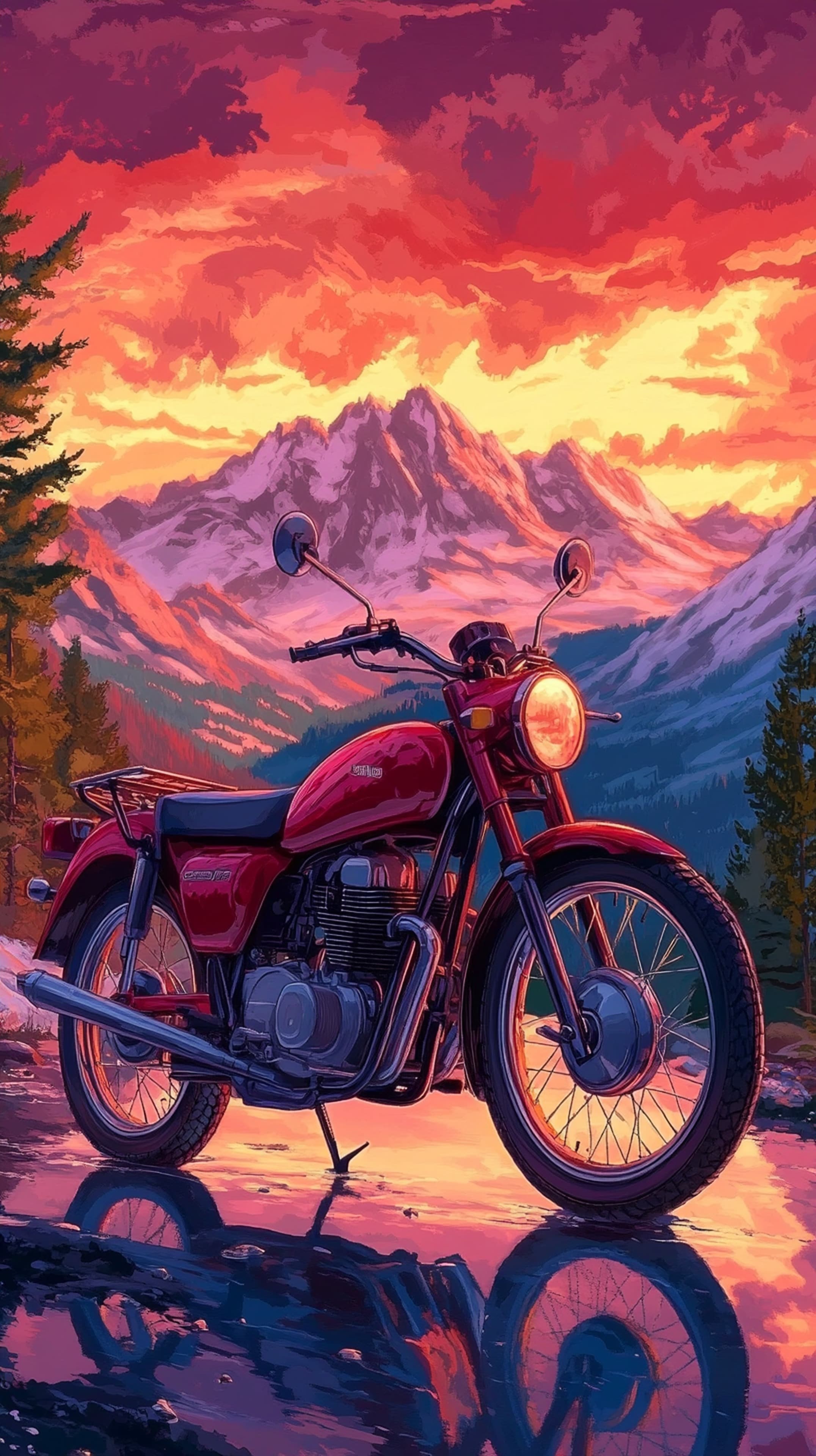 Green Sport Motorcycle Under Cherry Blossoms and Lanterns - High Resolution motorcycle Wallpaper for Mobile and Desktop