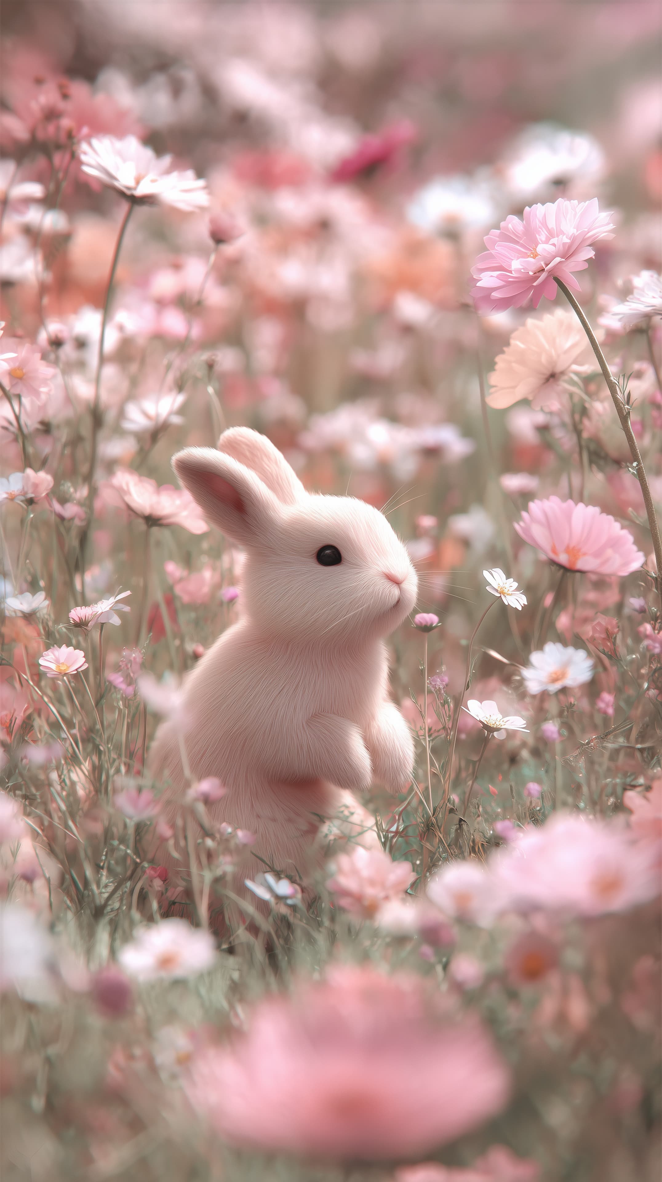 Pastel Bunny in a Dreamy Pink Flower Field Wallpaper Scene - High Resolution bunny Wallpaper for Mobile and Desktop
