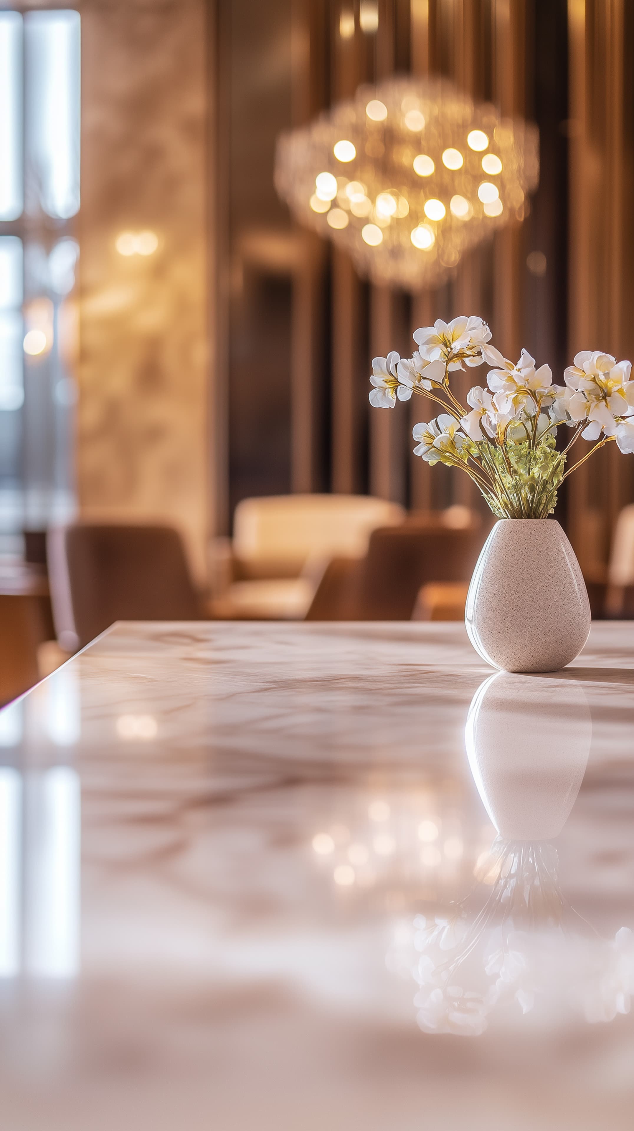 Warm Luxury Interior with Marble Table and White Flower Vase - High Resolution flower-vase Wallpaper for Mobile and Desktop