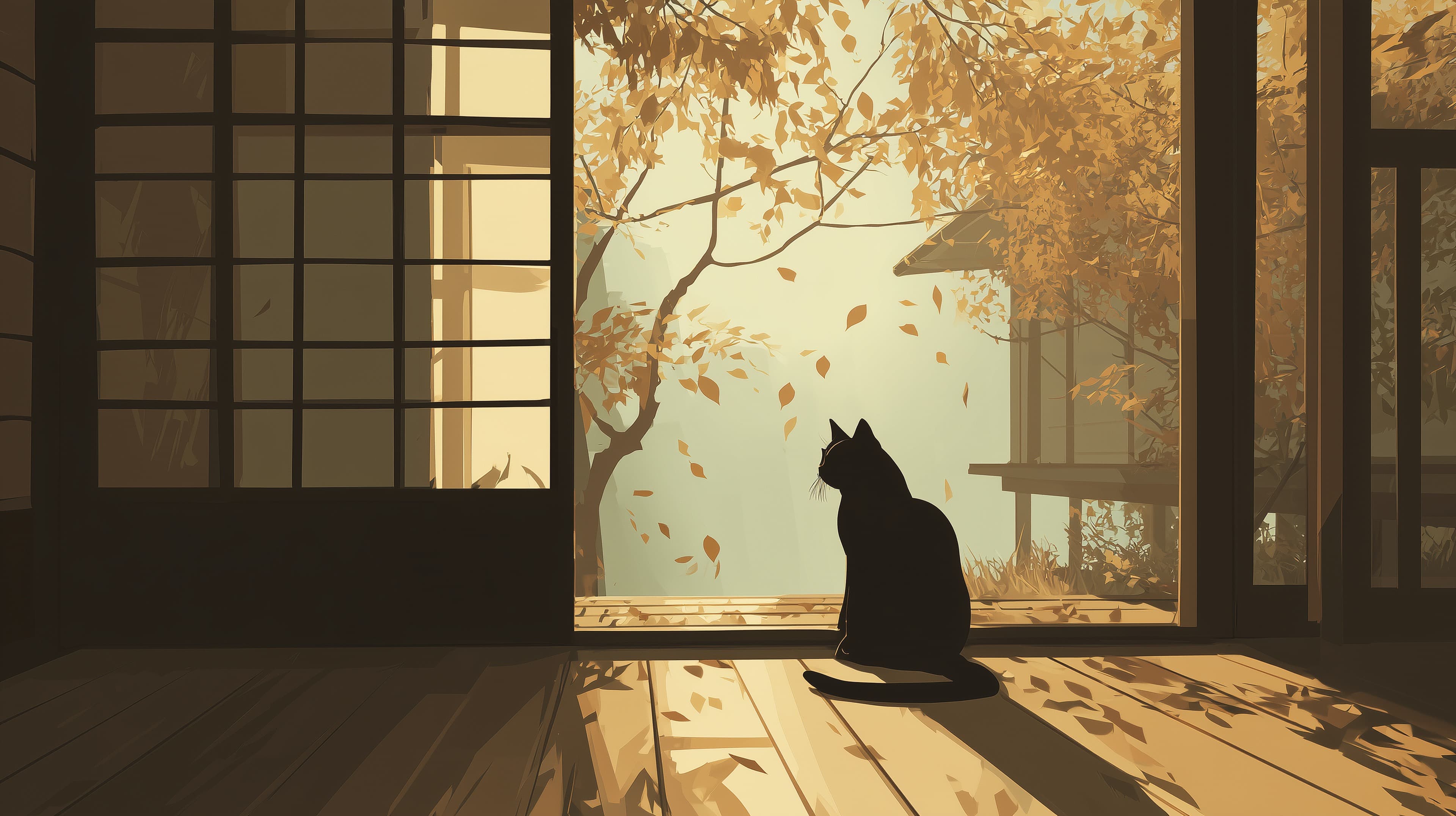 Golden Autumn Cat Silhouette in Tranquil Doorway Scene - High Resolution autumn Wallpaper for Mobile and Desktop