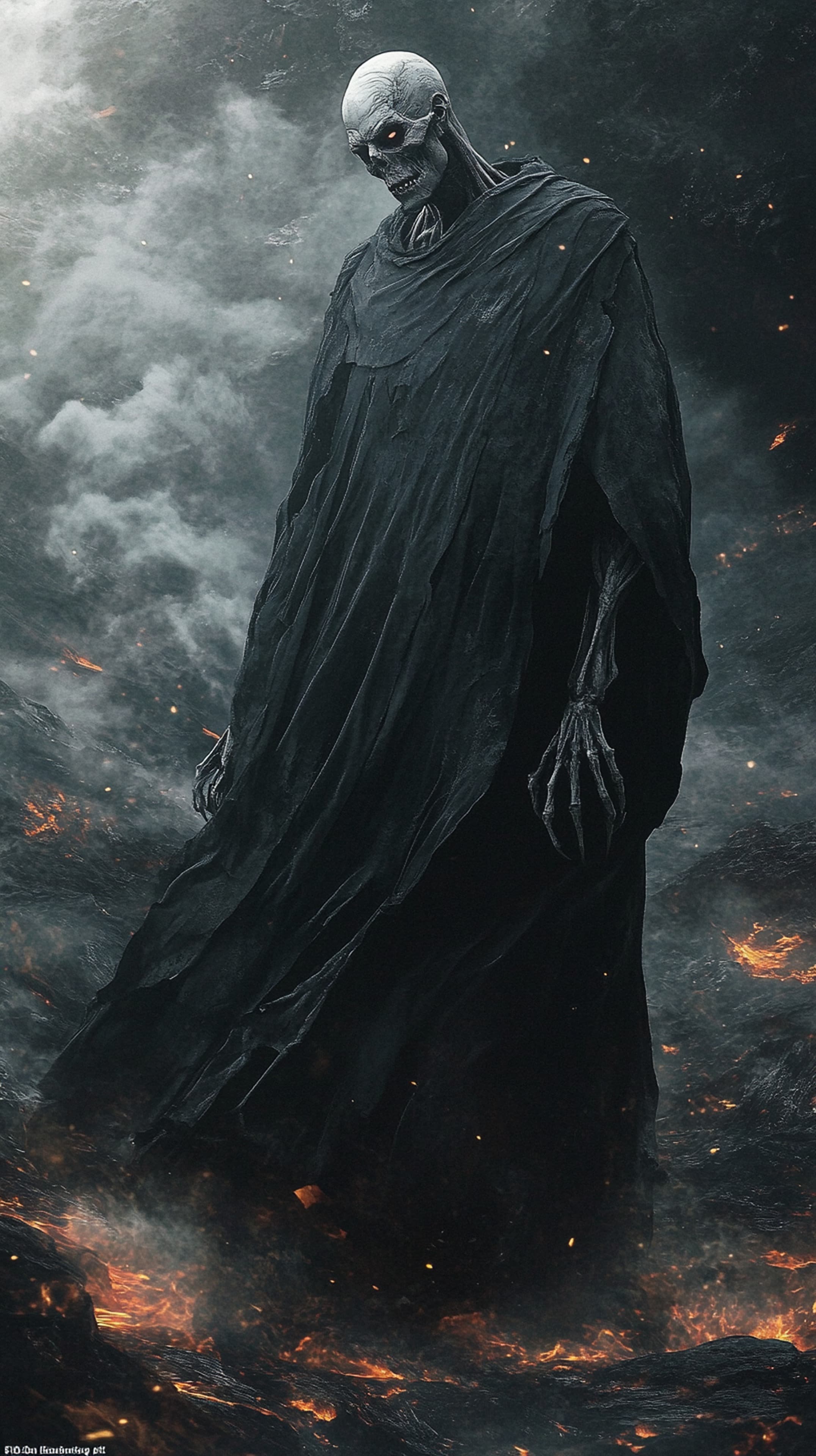 Dark Reaper Amid Fiery Smoke - Eerie Fantasy Wallpaper - High Resolution skeletal Wallpaper for Mobile and Desktop