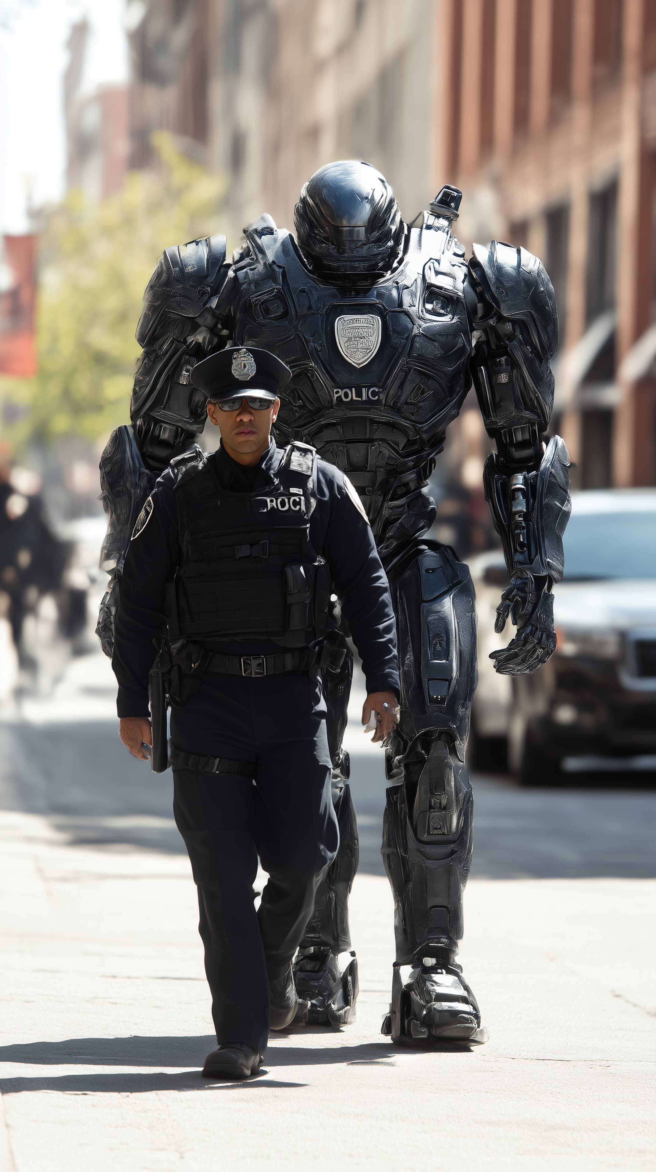 Futuristic city scene: police officer and colossal armored robot - High Resolution police Wallpaper for Mobile and Desktop