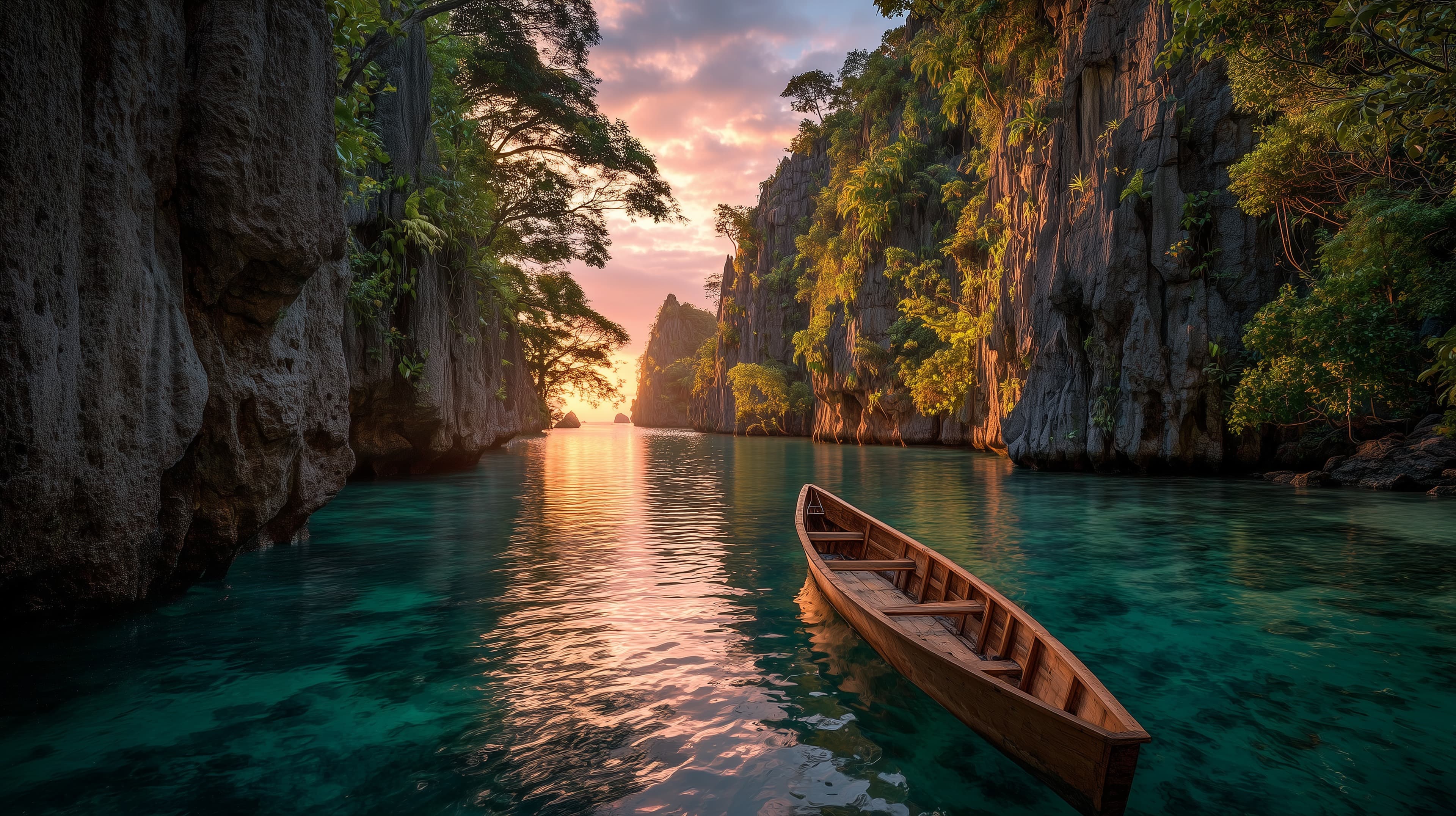 Tranquil turquoise canyon scene with wooden boat at sunset - High Resolution boat Wallpaper for Mobile and Desktop