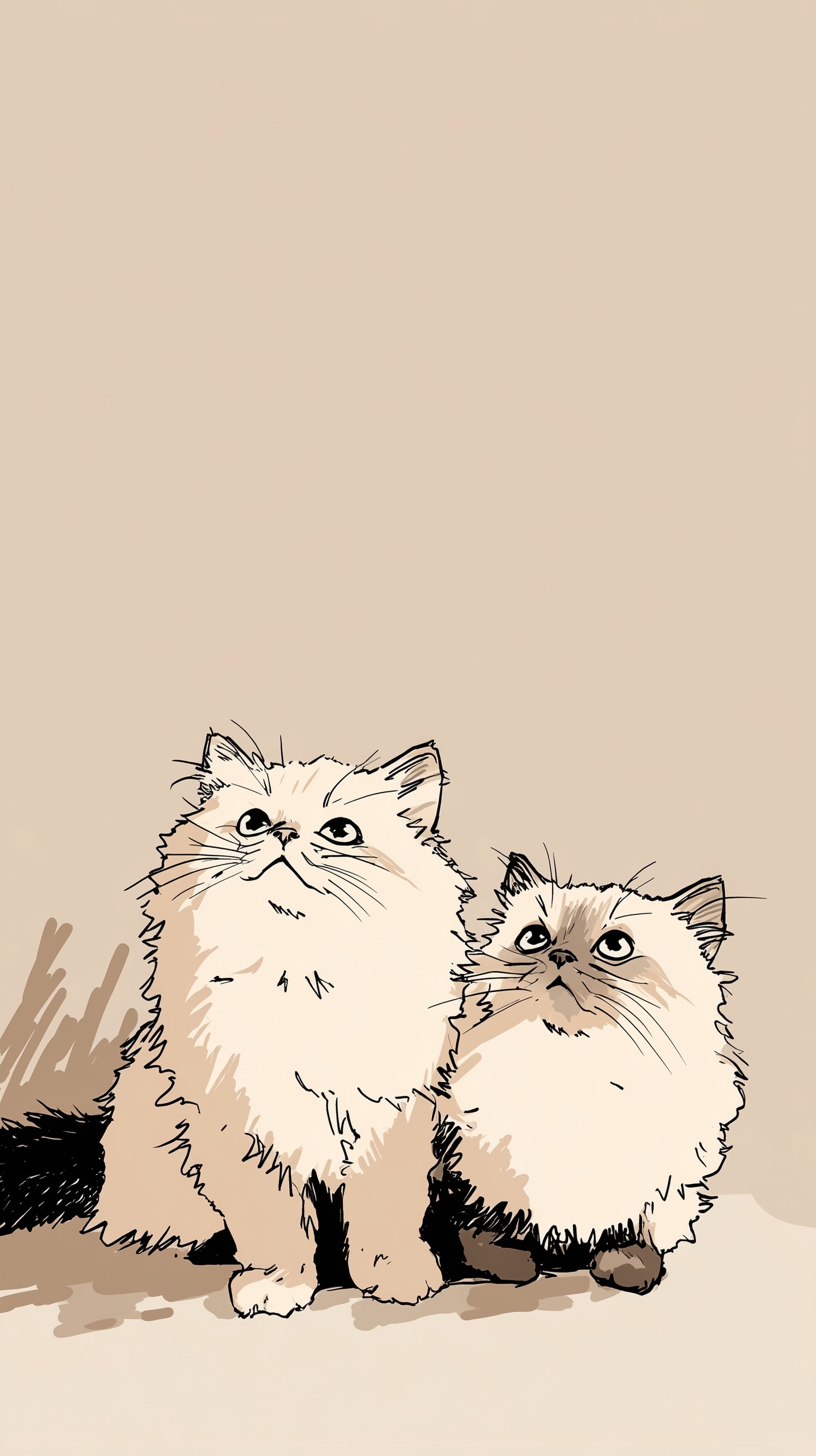 Two Fluffy Cats Illustration on Beige Background - Cute Wall Art - High Resolution animal-artwork Wallpaper for Mobile and Desktop