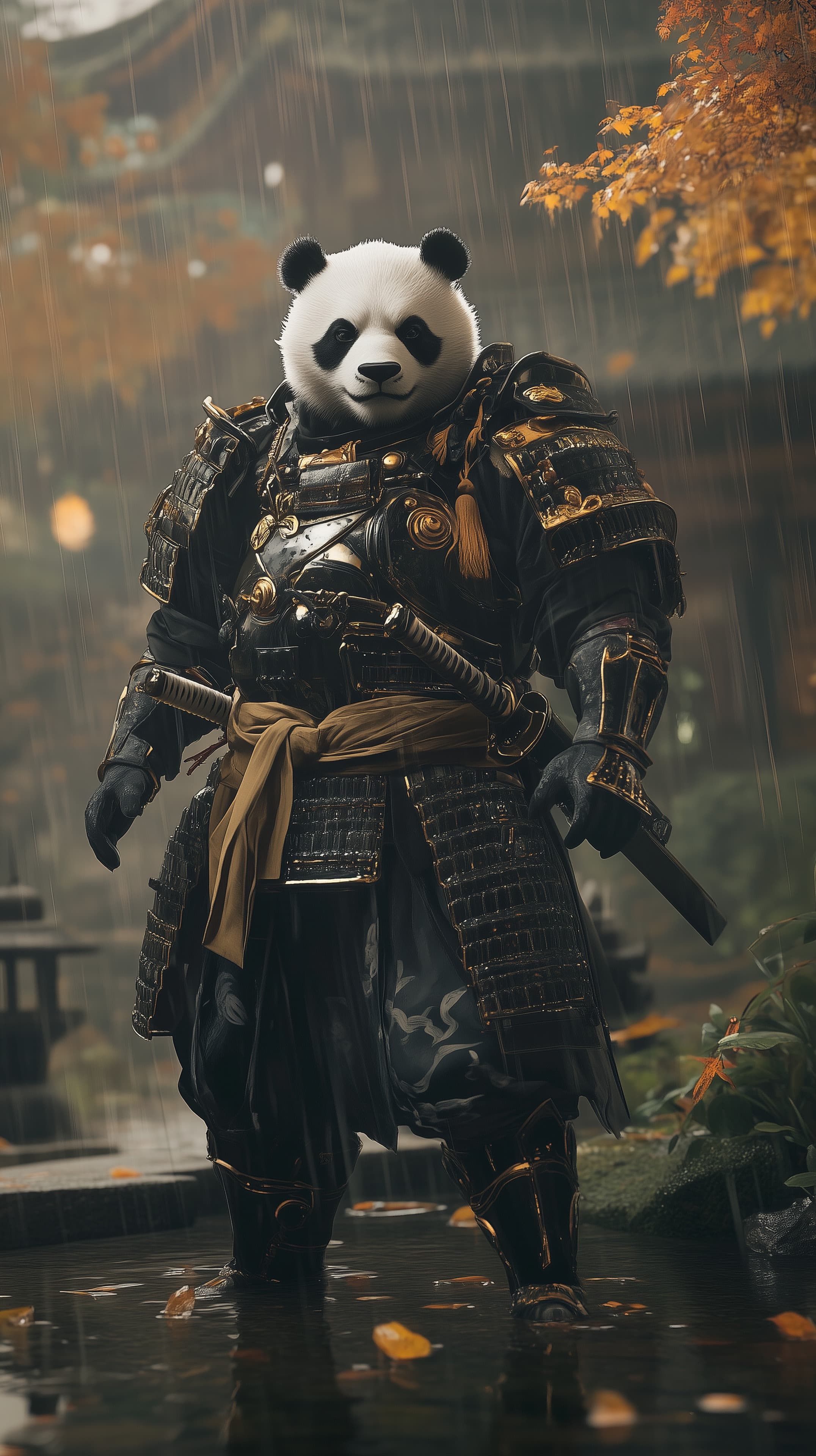 Epic Panda Samurai in Ornate Armor in the Rainy Garden - High Resolution armor Wallpaper for Mobile and Desktop