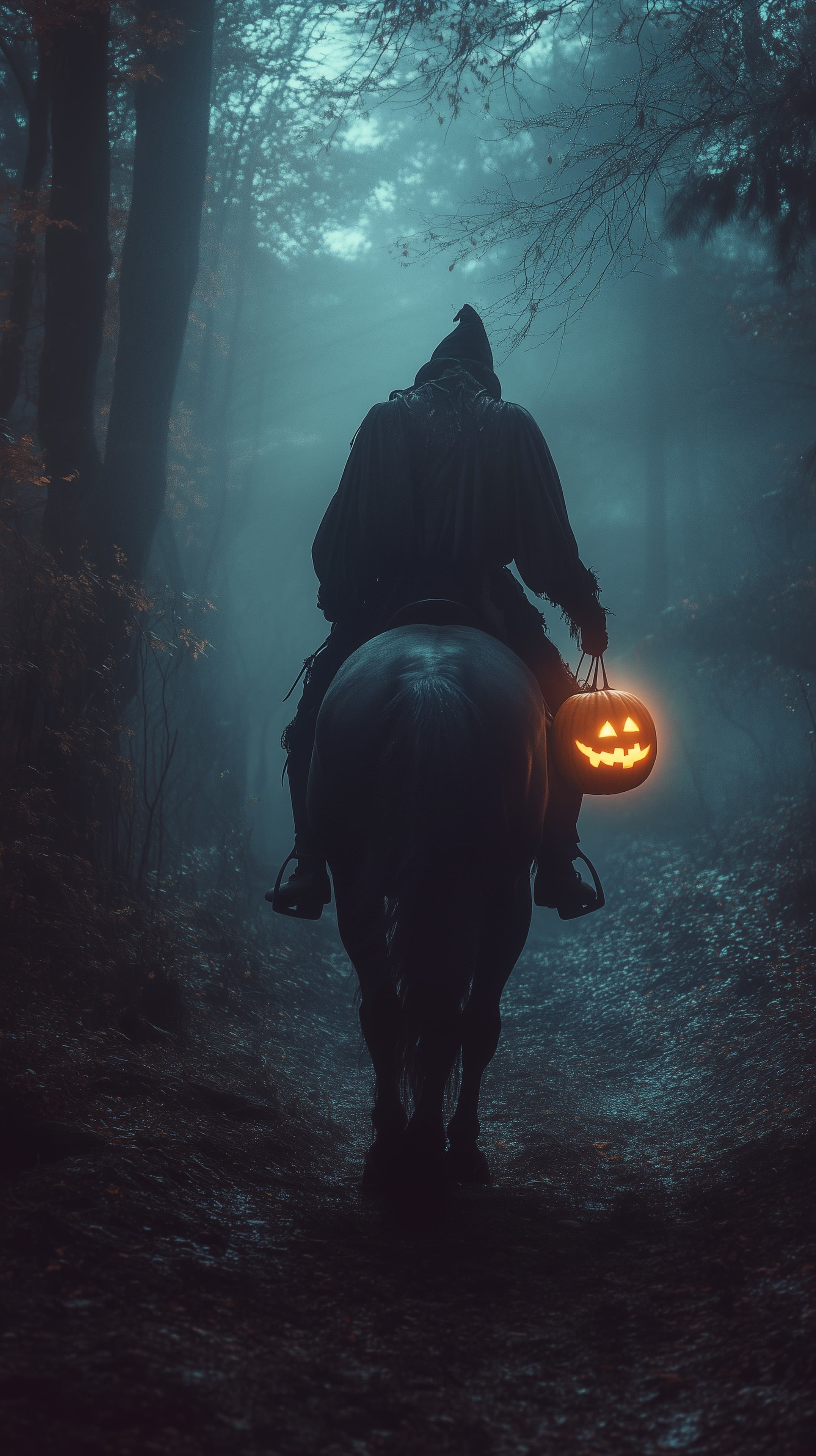 Moonlit Forest Rider on Horse with Glowing Pumpkin Lantern - High Resolution dark-silhouette Wallpaper for Mobile and Desktop
