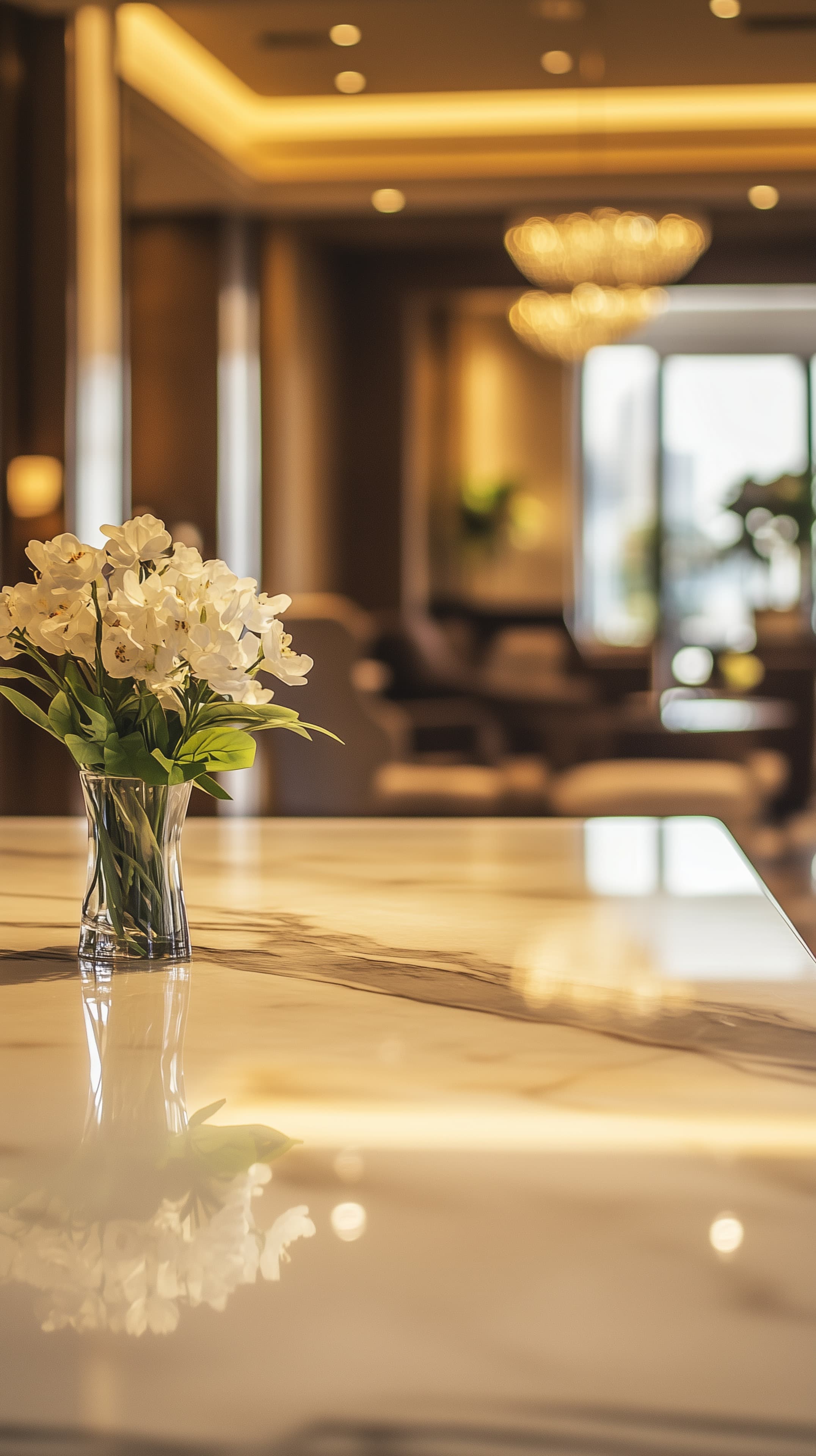 Elegant Marble Table Floral Vase in a Warm Lounge Setting - High Resolution white-flowers Wallpaper for Mobile and Desktop