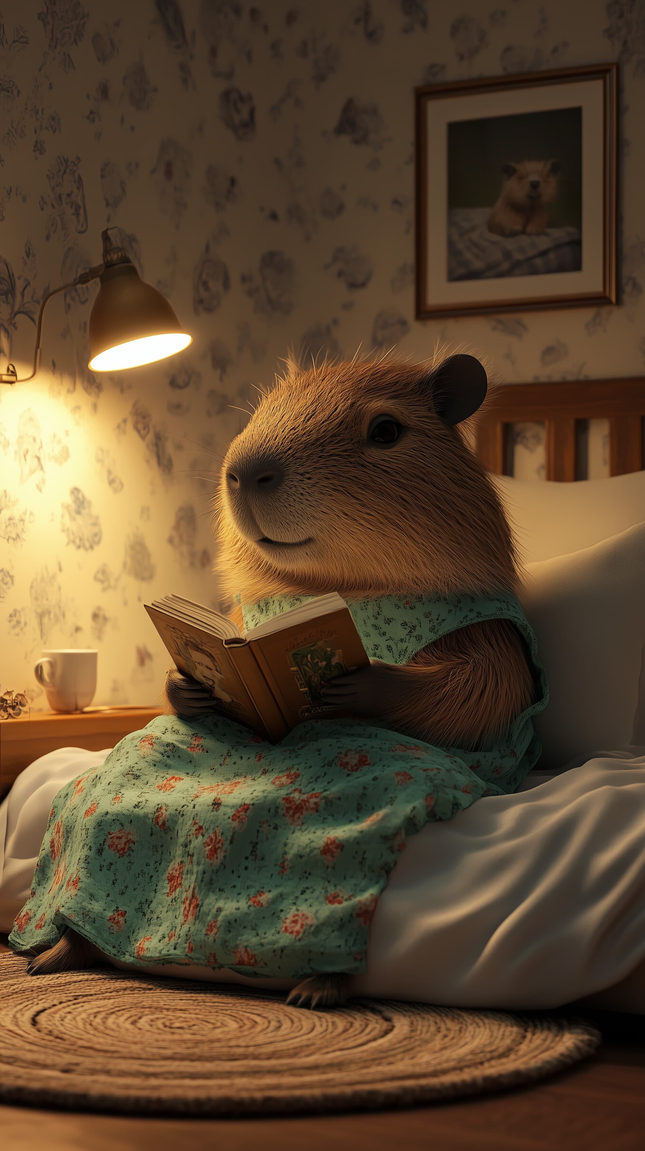 Cozy Rodent Reading in a Soft Floral Bedroom Wallpaper - High Resolution bedroom-illustration Wallpaper for Mobile and Desktop