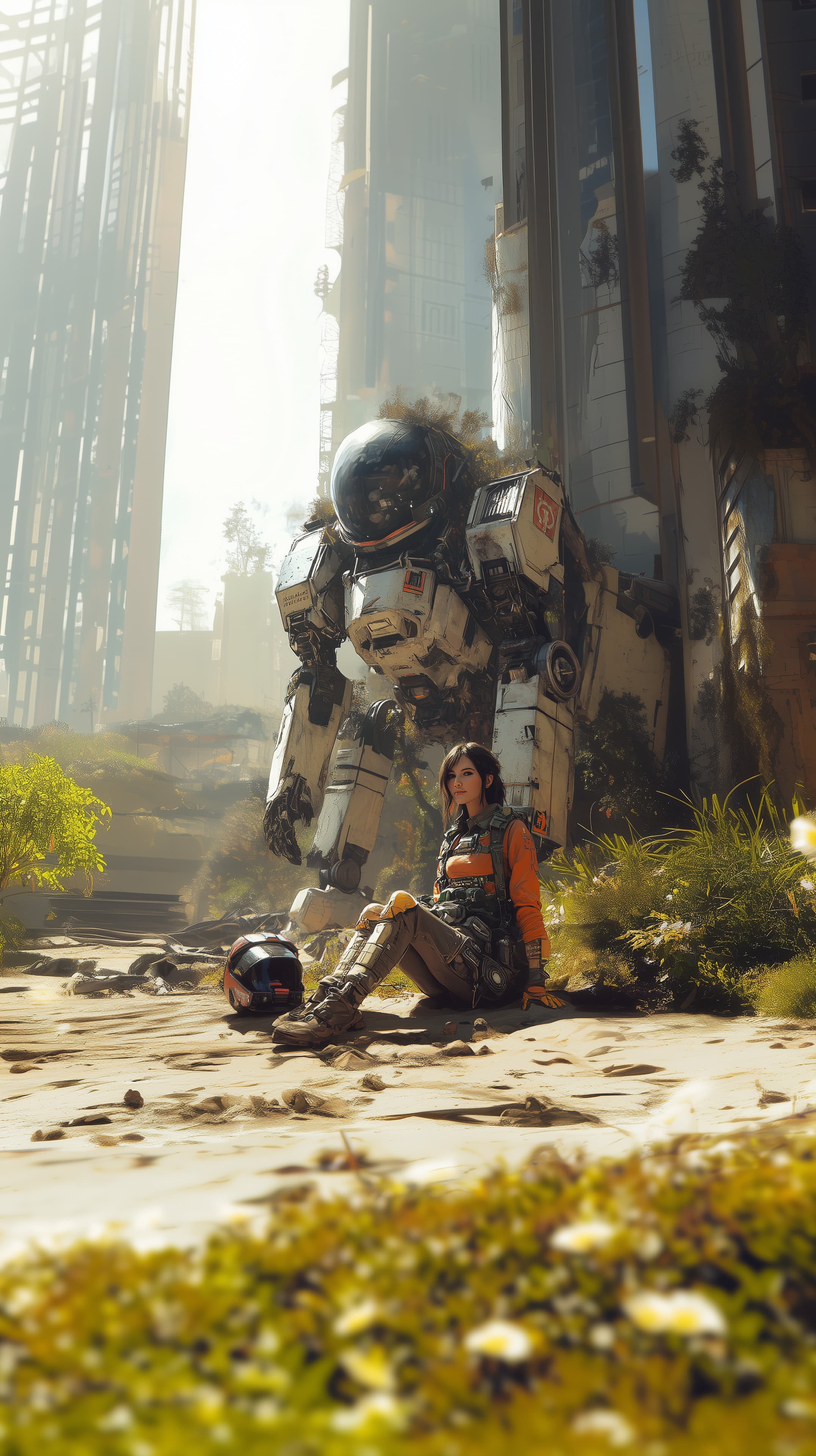 Futuristic Cityscape Hero: Woman and Battle-Mech in Ruins - High Resolution cityscape Wallpaper for Mobile and Desktop