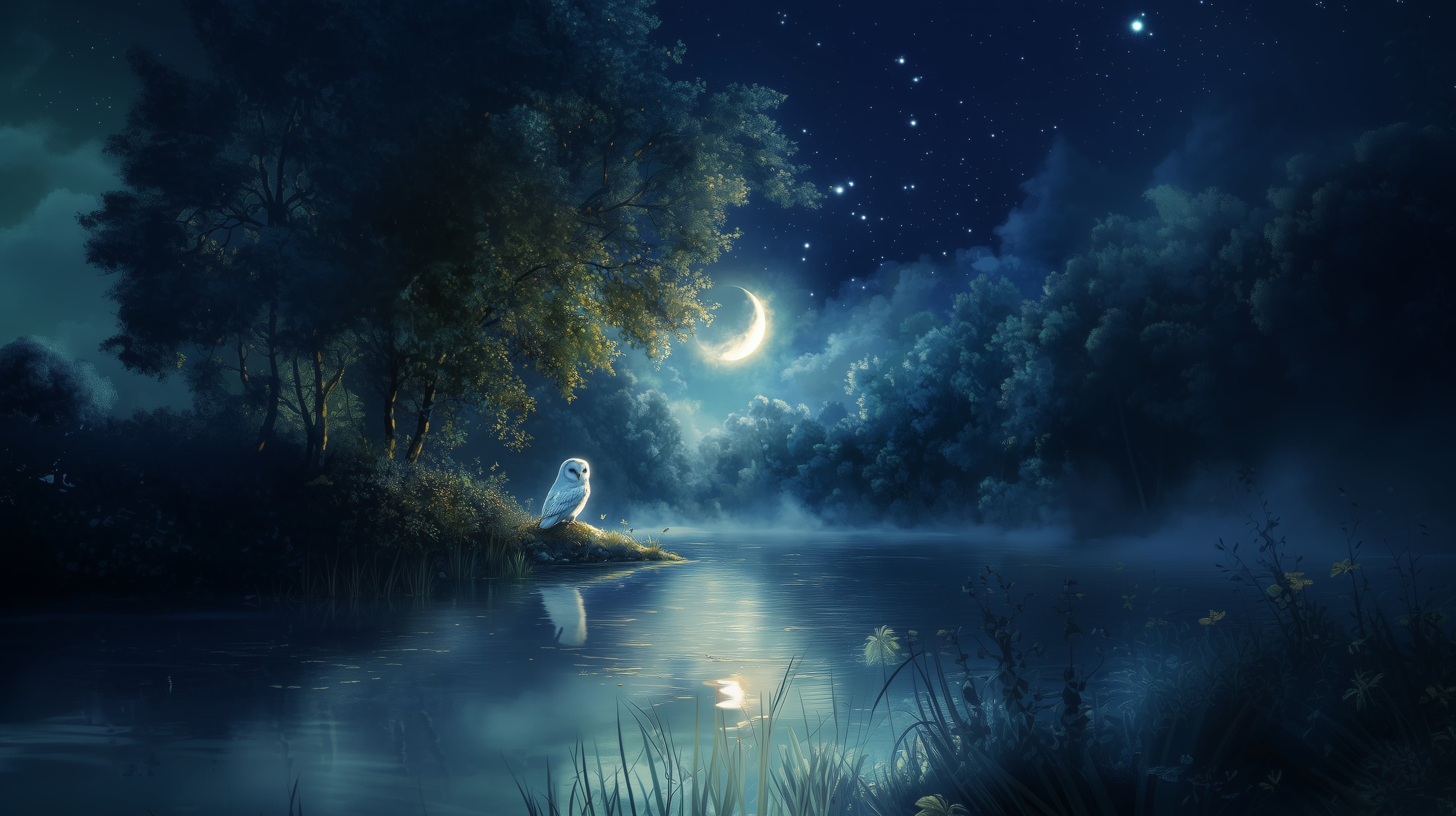 Moonlit Night by a Misty Lake with a Hooded Figure - High Resolution dark-blue-tones Wallpaper for Mobile and Desktop