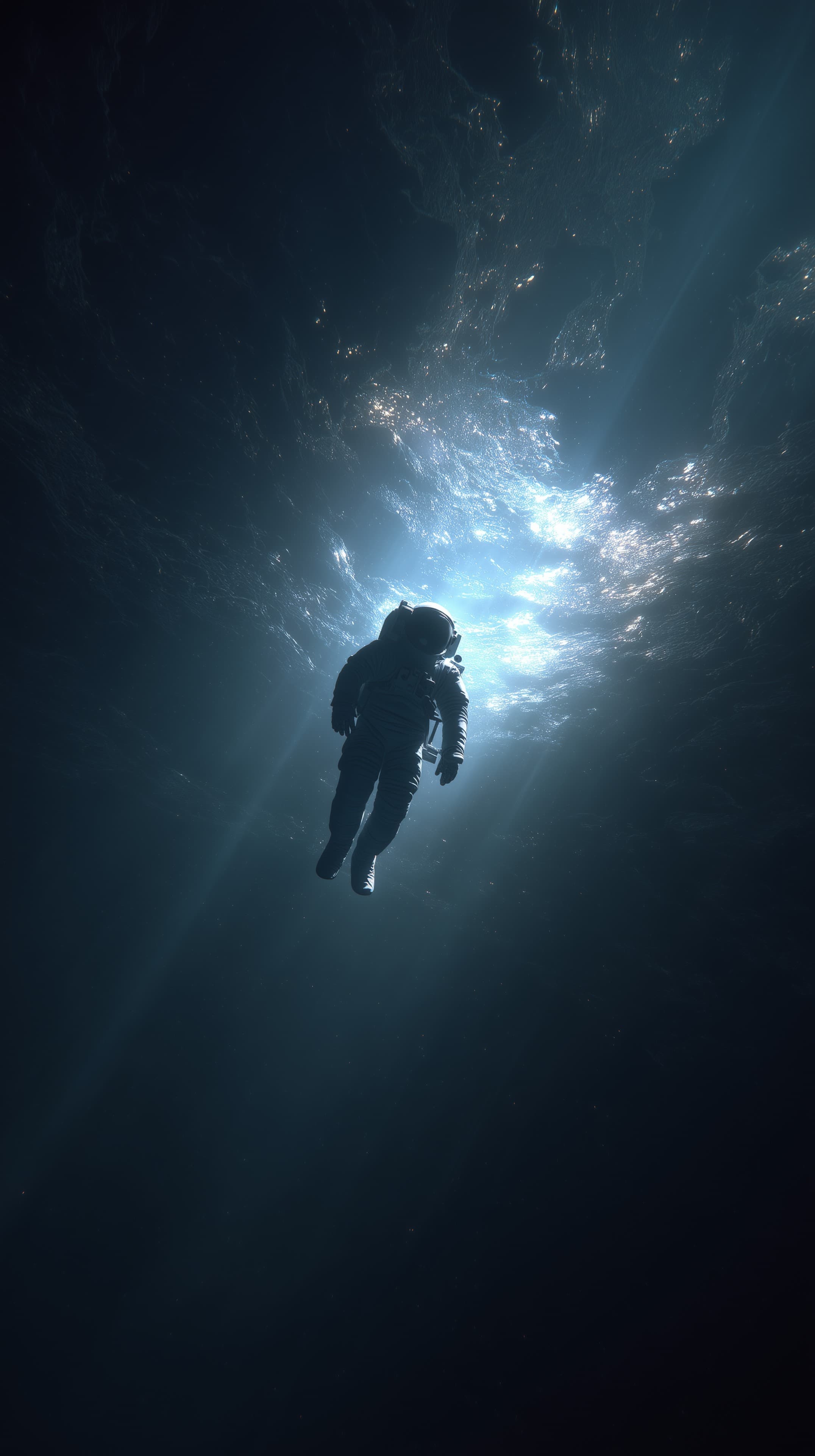 Astronaut Floating Beneath Sunlit Ocean — Deep Sea Silhouette - High Resolution astronaut Wallpaper for Mobile and Desktop