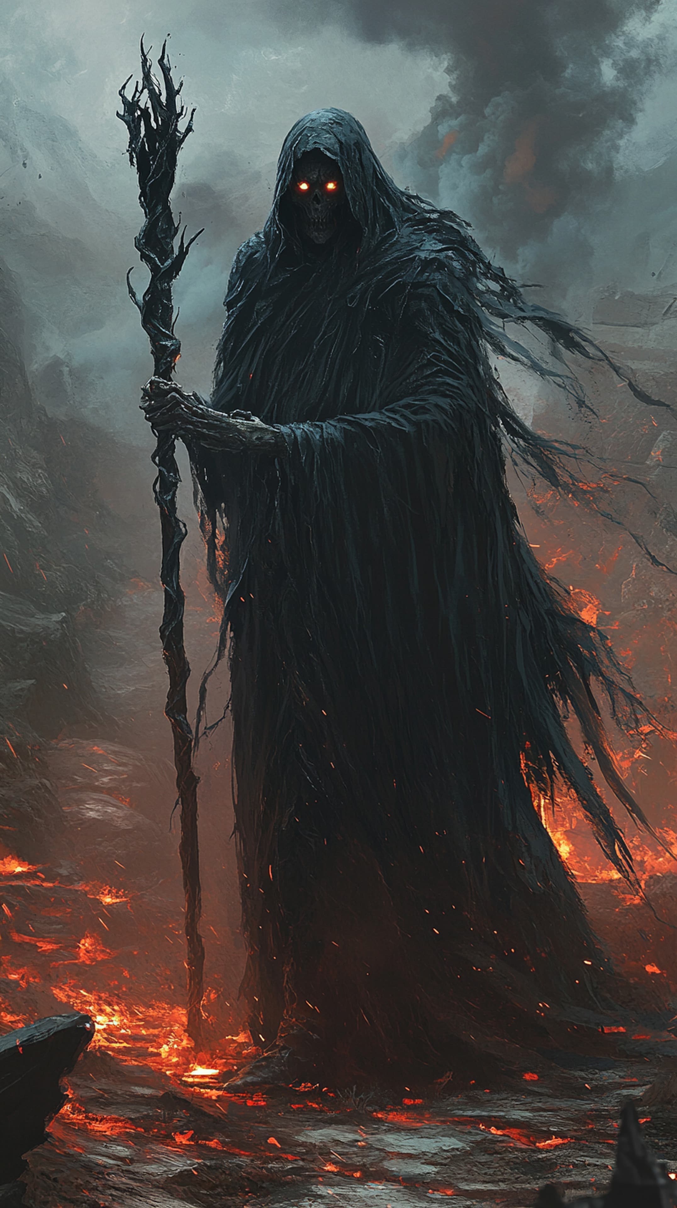 Dark Necromancer with Glowing Blue Eyes and Fiery Staff - High Resolution bone-chilling-atmosphere Wallpaper for Mobile and Desktop