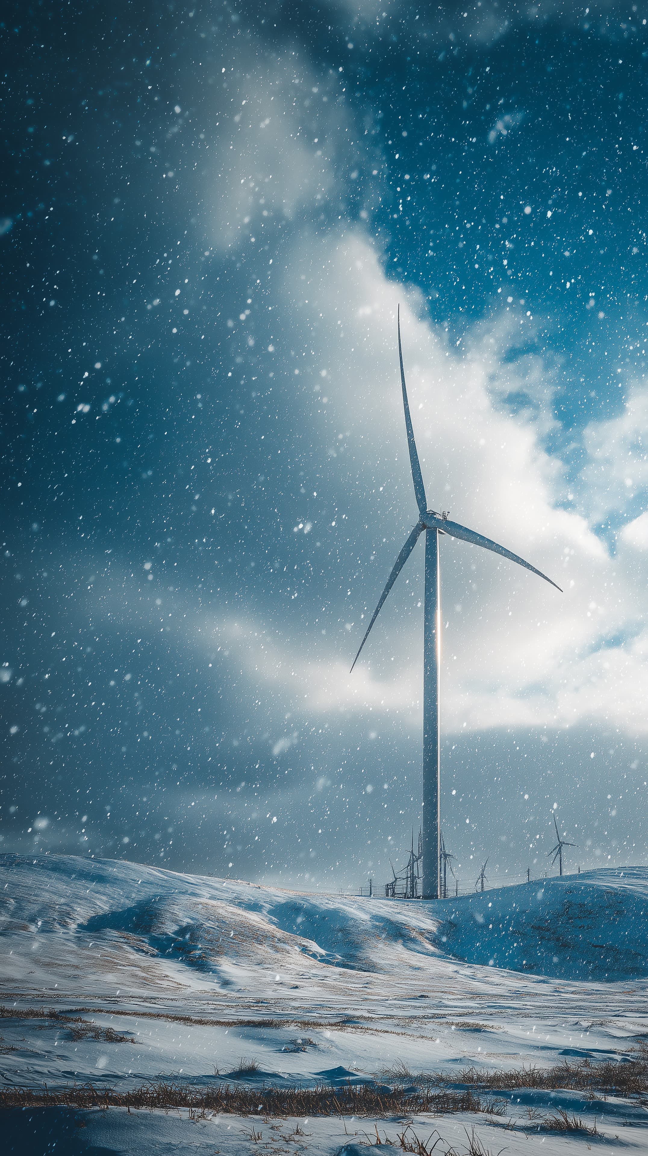 Majestic Winter Wind Farm Amid Snowy Hills Under Stormy Sky - High Resolution blue-sky Wallpaper for Mobile and Desktop