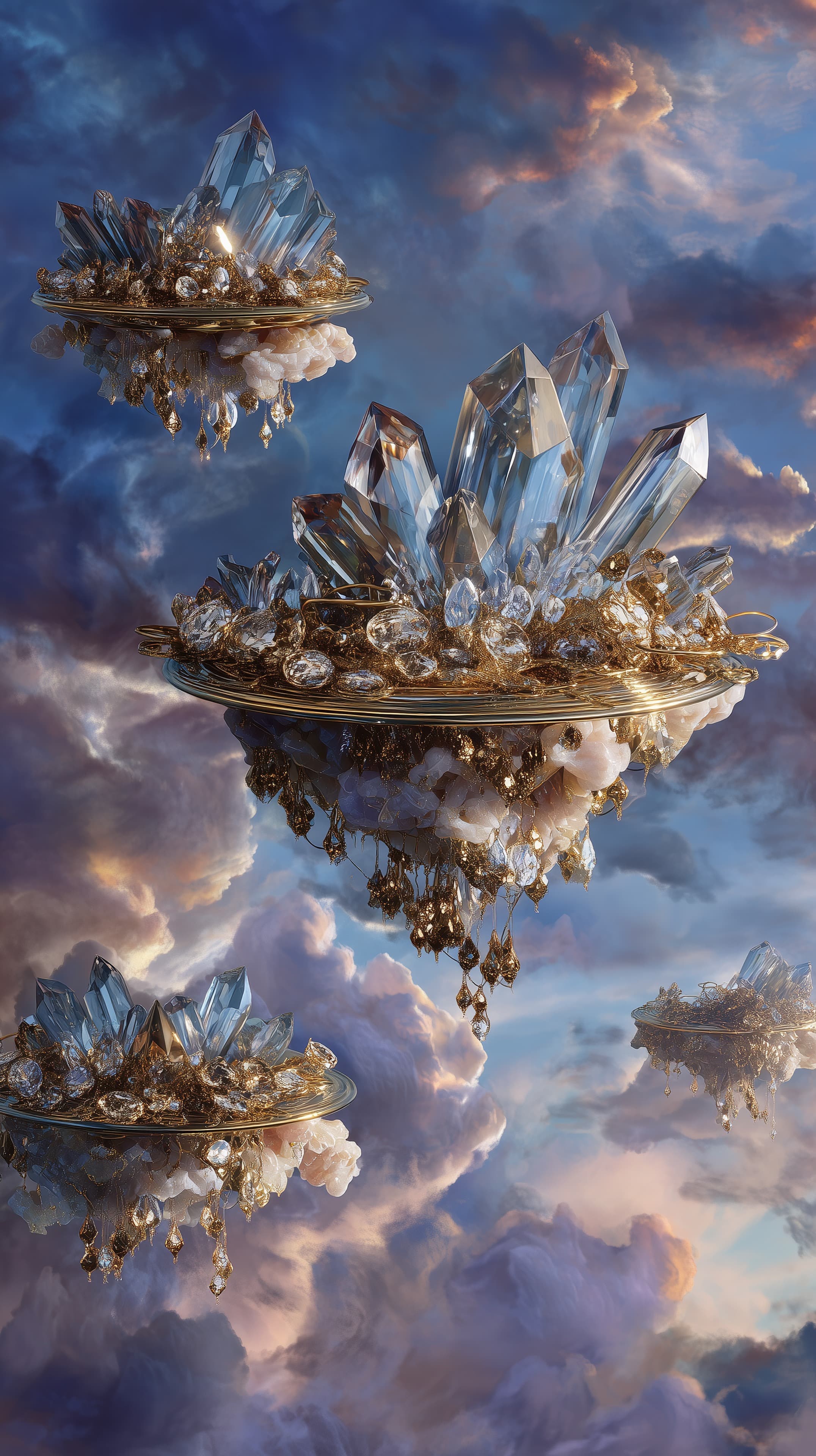 Floating Crystal Platforms in a Dreamy Cloudscape Artwork - High Resolution cloudscape Wallpaper for Mobile and Desktop