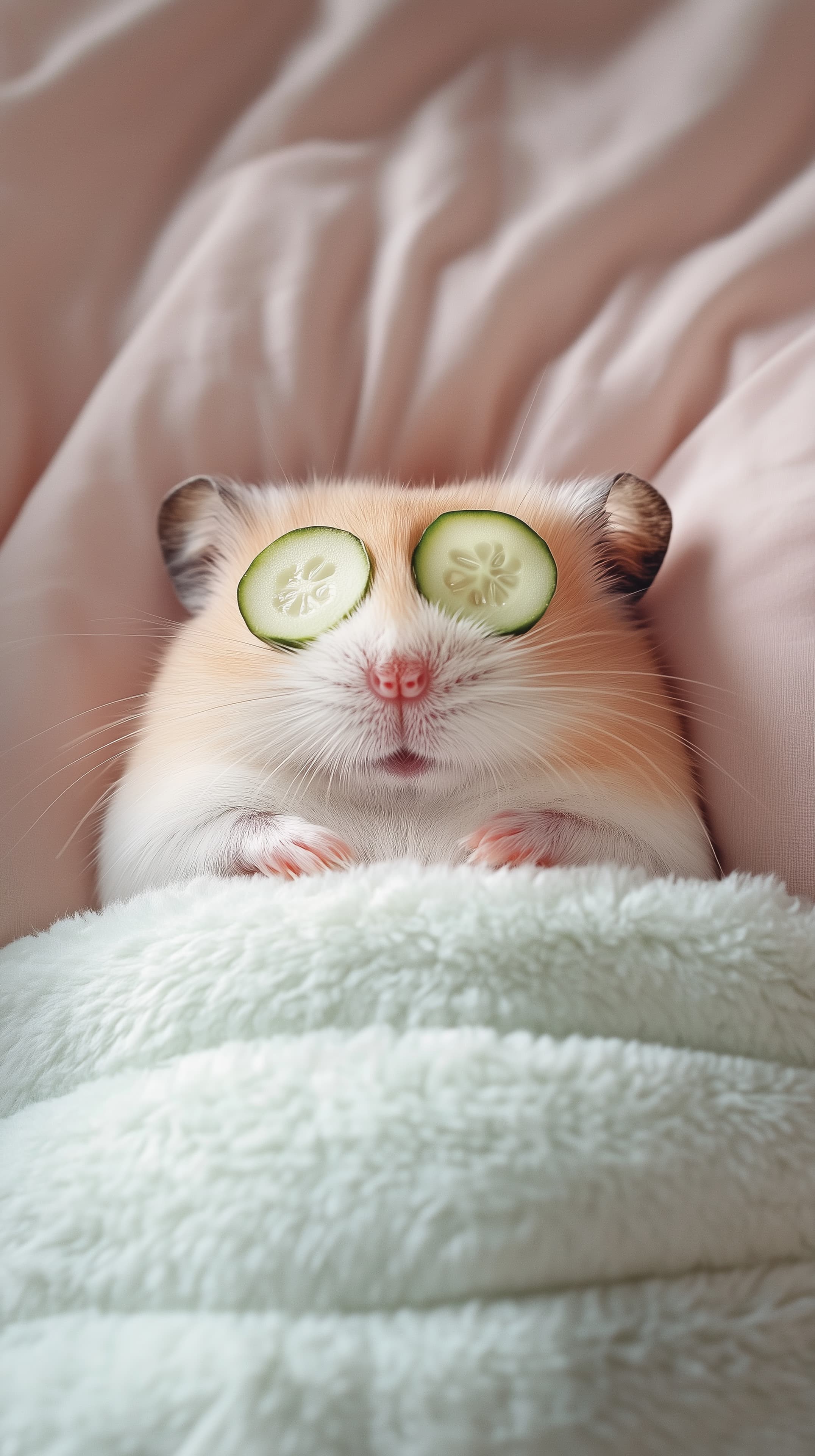 Cute Hamster Spa Day: Cucumber Eye Mask on Soft Blanket - High Resolution cozy Wallpaper for Mobile and Desktop