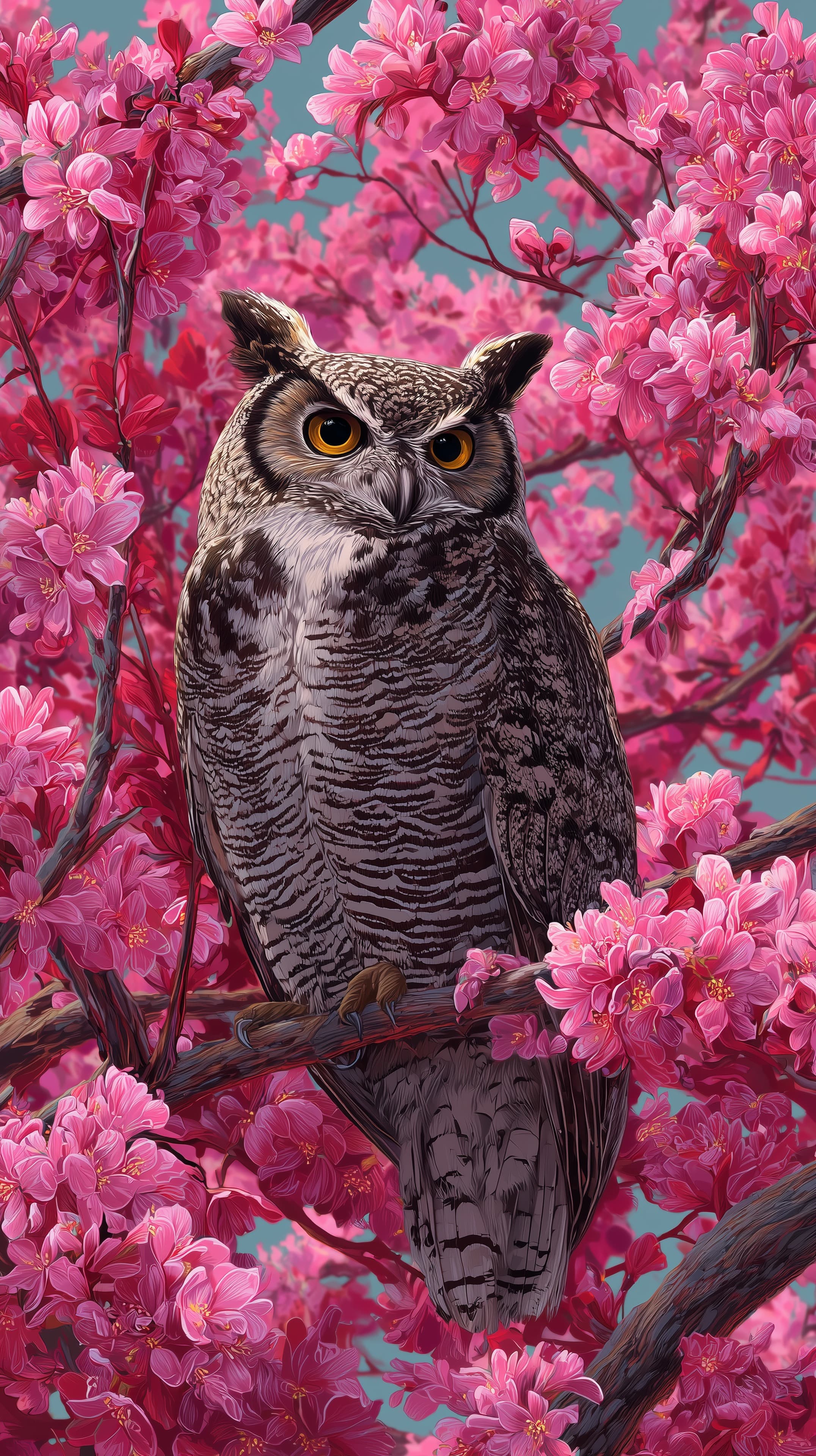 Owlish Gaze Among Pink Blossoms - Vibrant Nature Wallpaper - High Resolution art Wallpaper for Mobile and Desktop