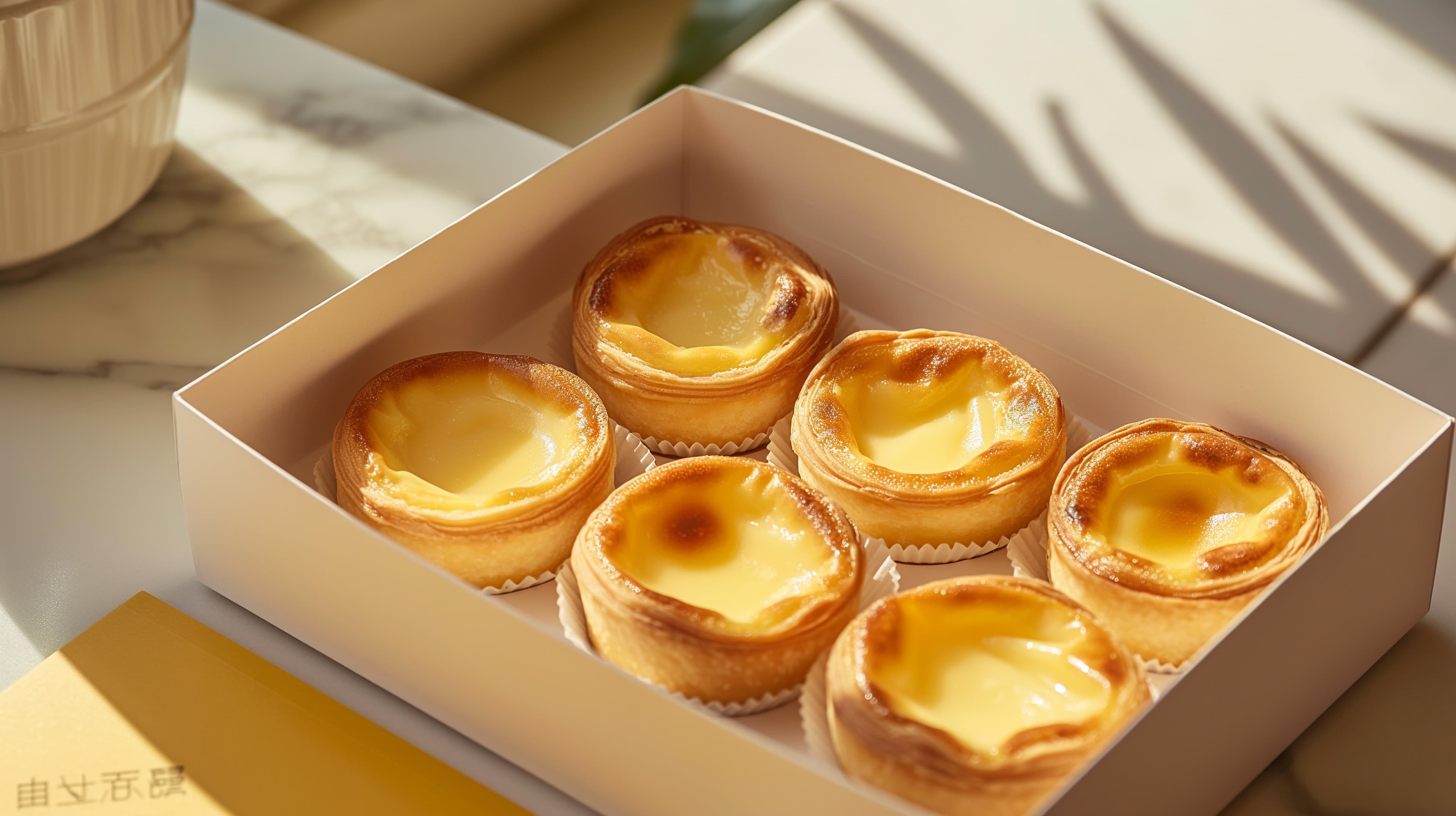 Golden Morning Custard Tarts in White Box with Warm Light - High Resolution bakery Wallpaper for Mobile and Desktop