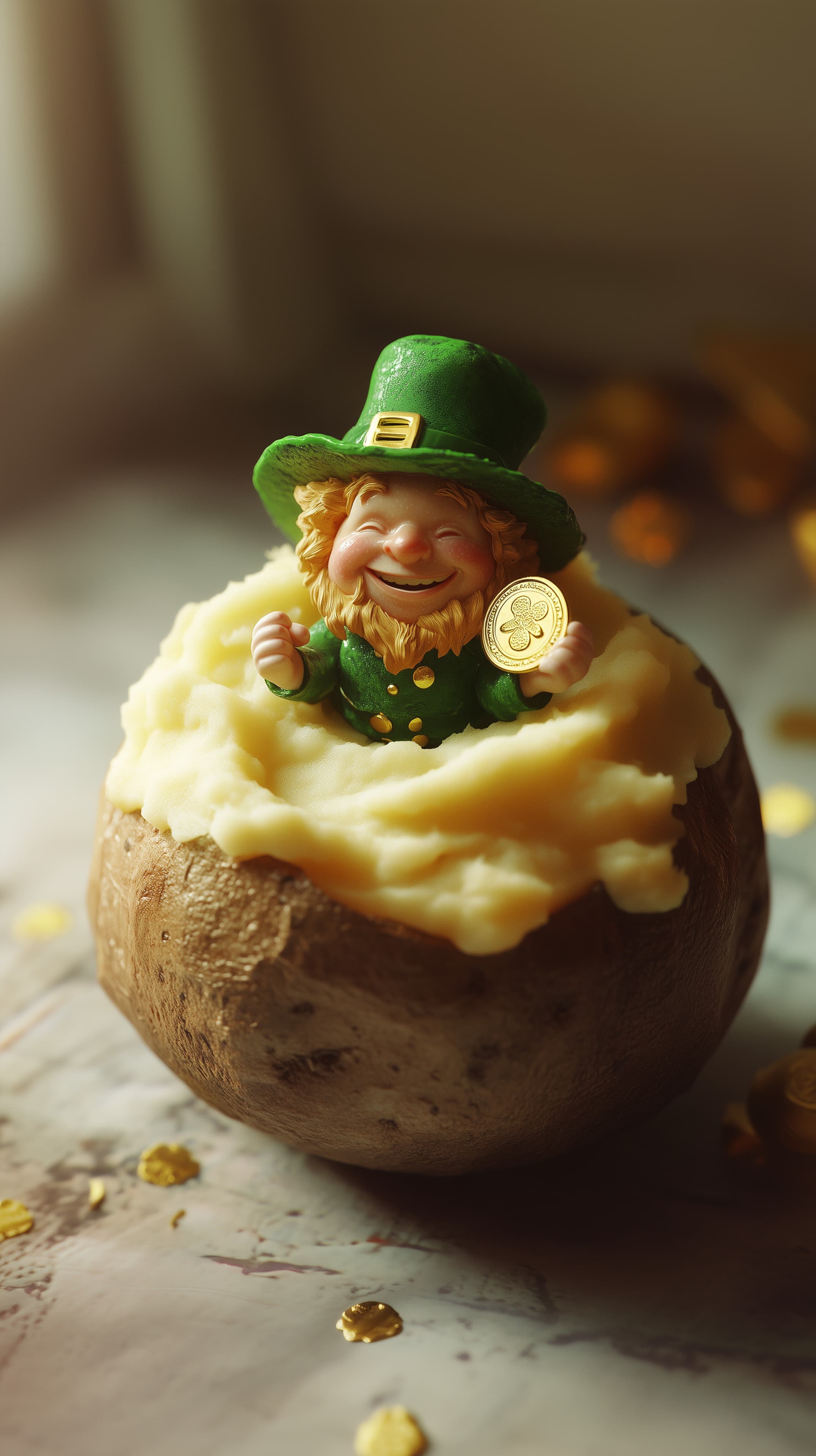 Charming Leprechaun in Creamy Dessert with Gold Coins - High Resolution leprechaun Wallpaper for Mobile and Desktop