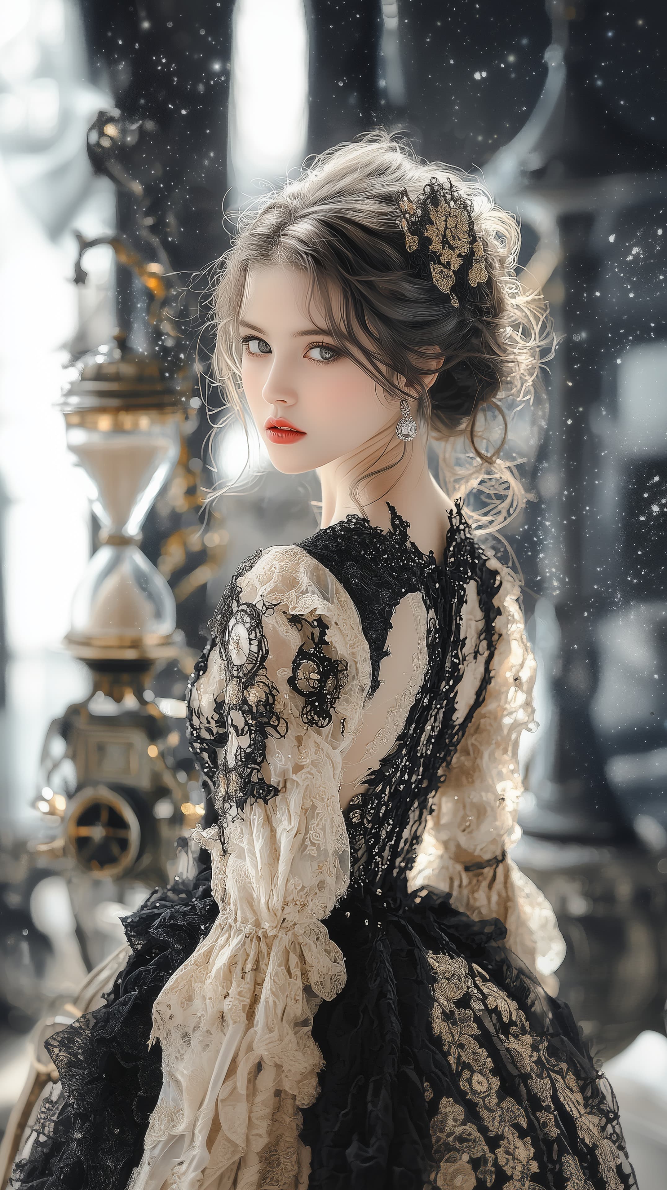 Elegant Lace Gown Portrait under Snowy Backdrop and Soft Light - High Resolution elegant-style Wallpaper for Mobile and Desktop