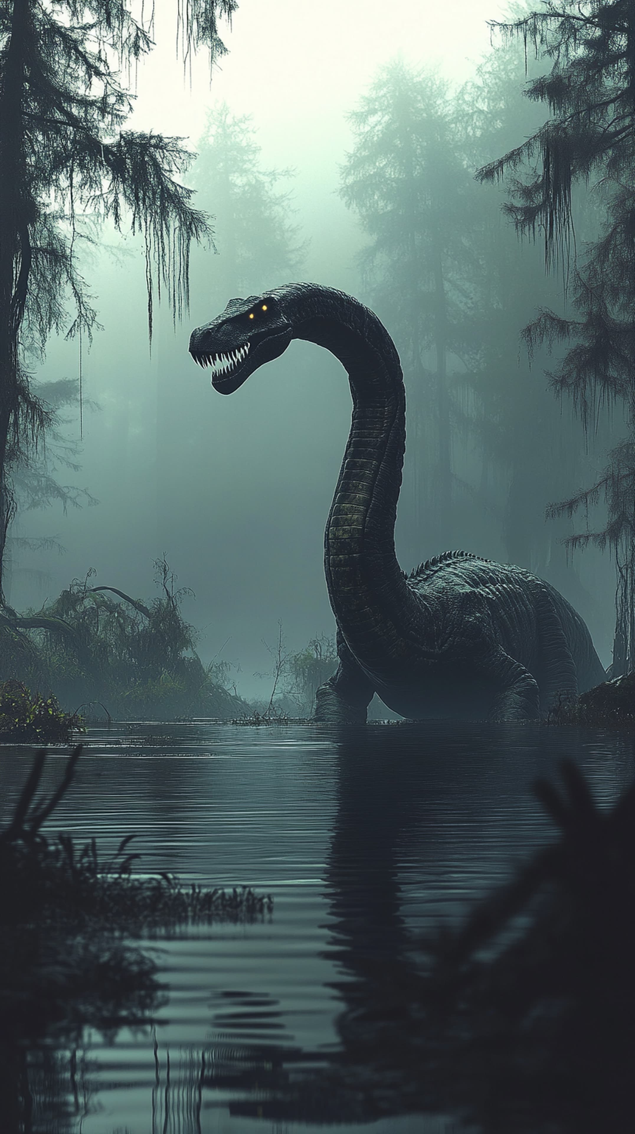 Misty Jungle Monster: Prehistoric reptile in eerie swamp wallpaper - High Resolution cinematic-wallpaper Wallpaper for Mobile and Desktop