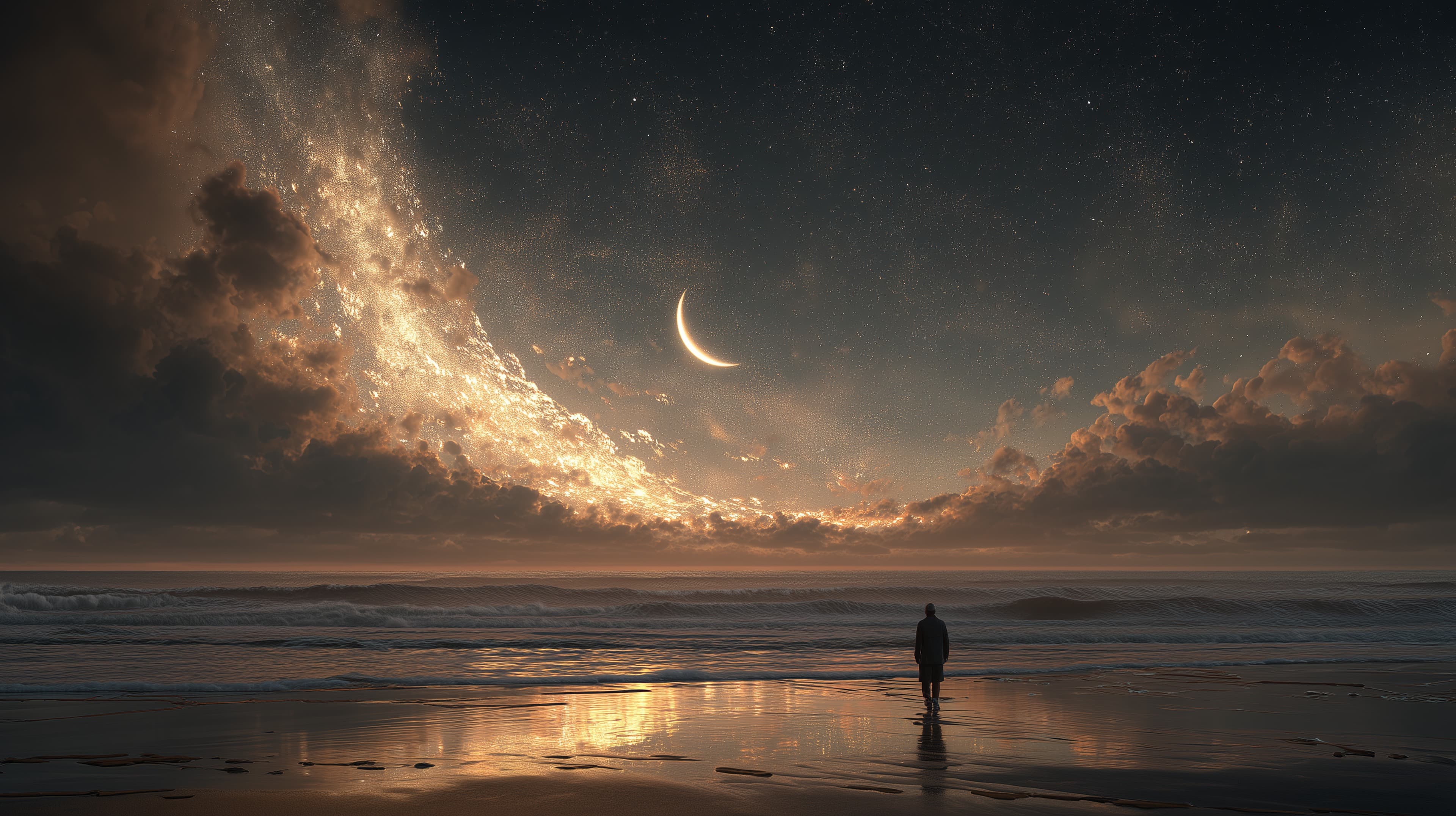 Dreamy Night Seascape: Crescent Moon, Cosmic Clouds & Silhouette - High Resolution beach Wallpaper for Mobile and Desktop