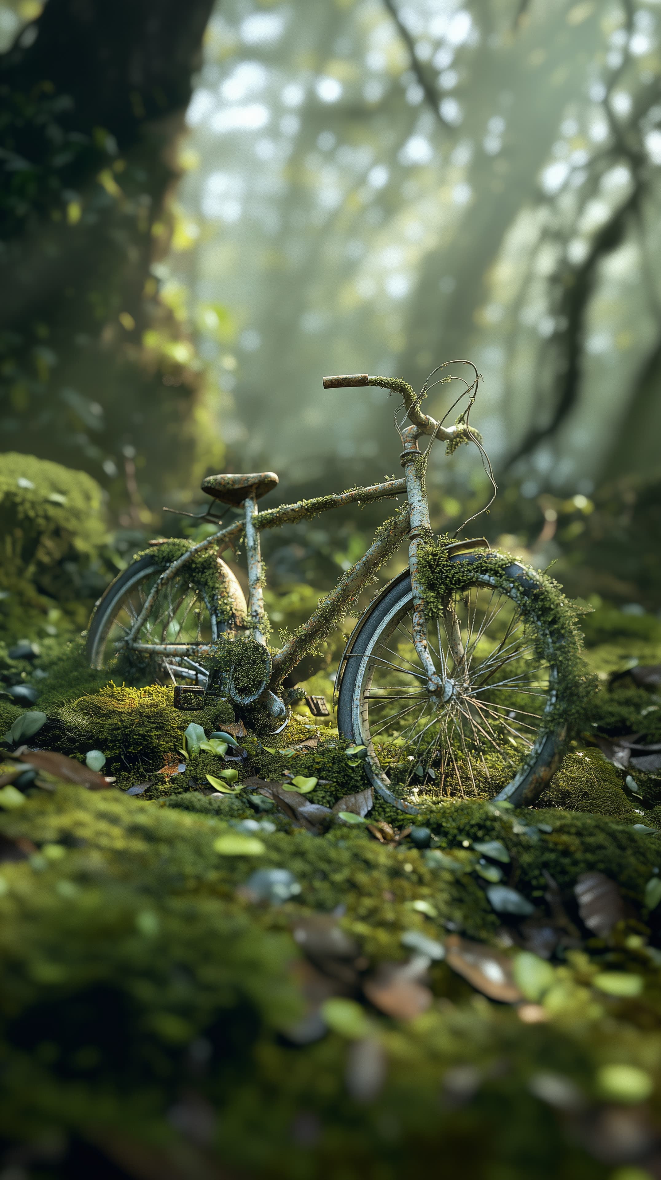 Moss-Covered Bicycle in a Sunlit Forest Dreamscape - High Resolution abandoned Wallpaper for Mobile and Desktop