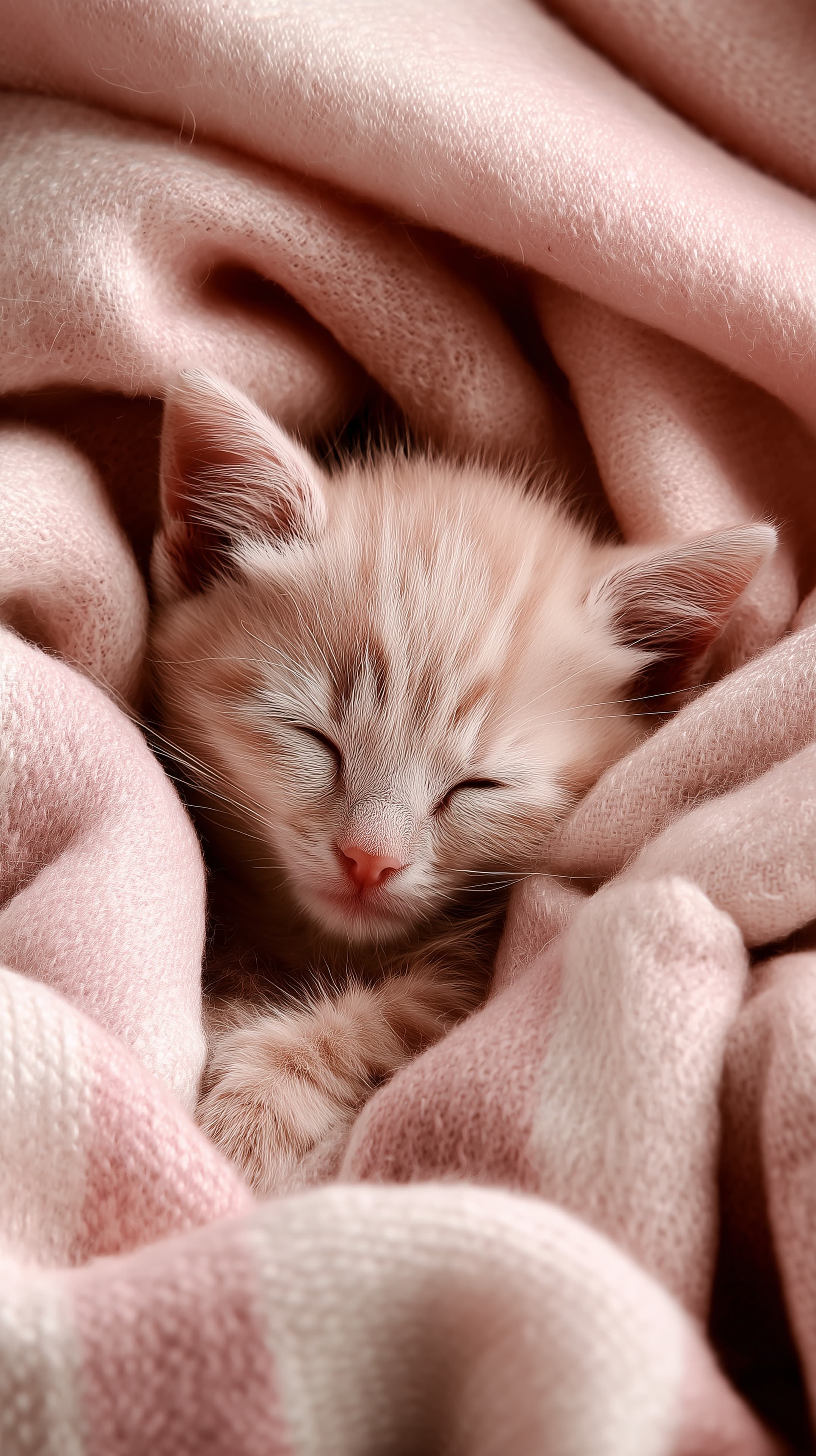 Soft Pink Blanket Sleepy Kitten - Cozy Animal Wallpaper - High Resolution cozy Wallpaper for Mobile and Desktop