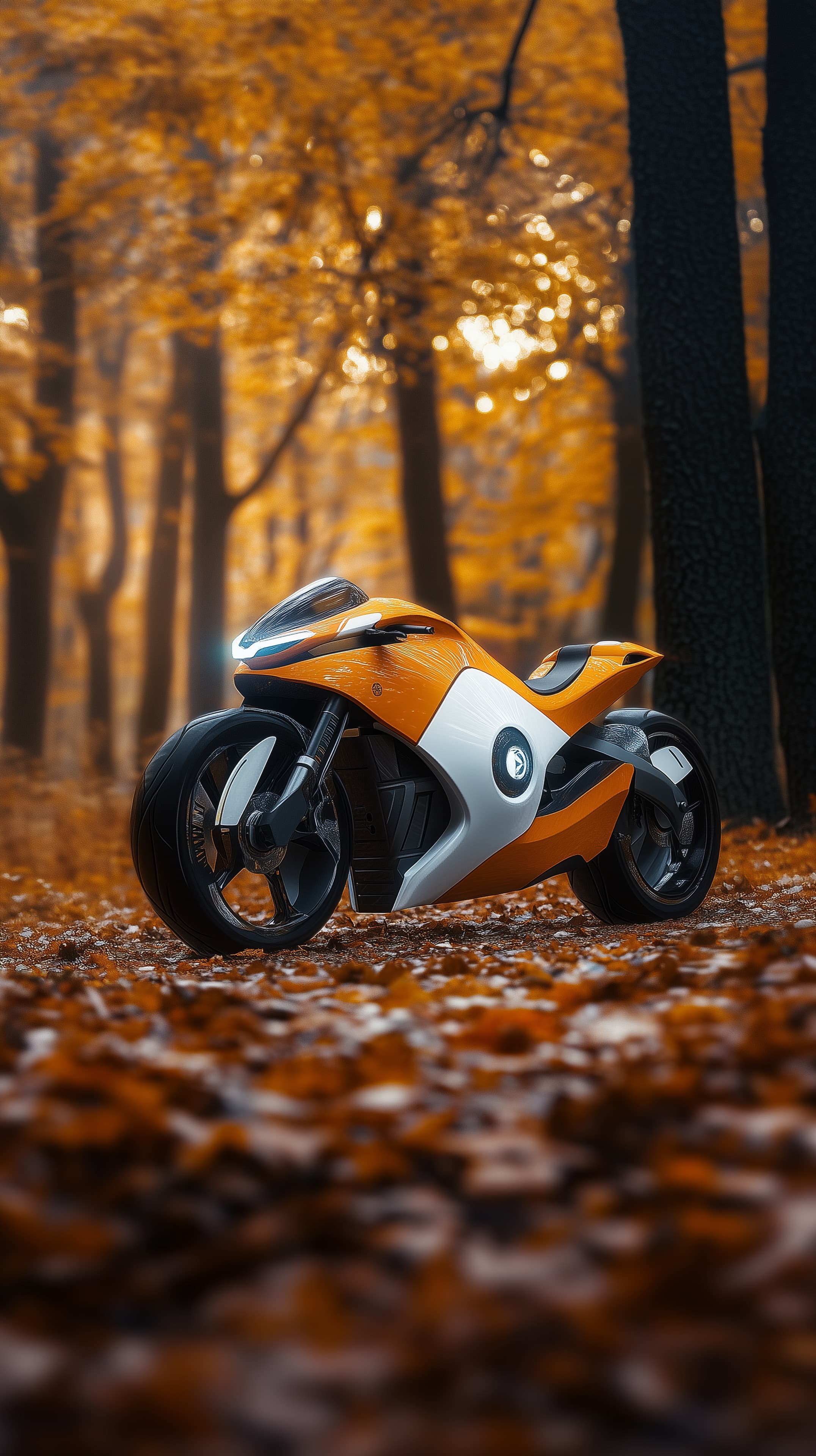 Futuristic Orange Motorcycle in Autumn Forest Landscape - High Resolution orange-motorcycle Wallpaper for Mobile and Desktop