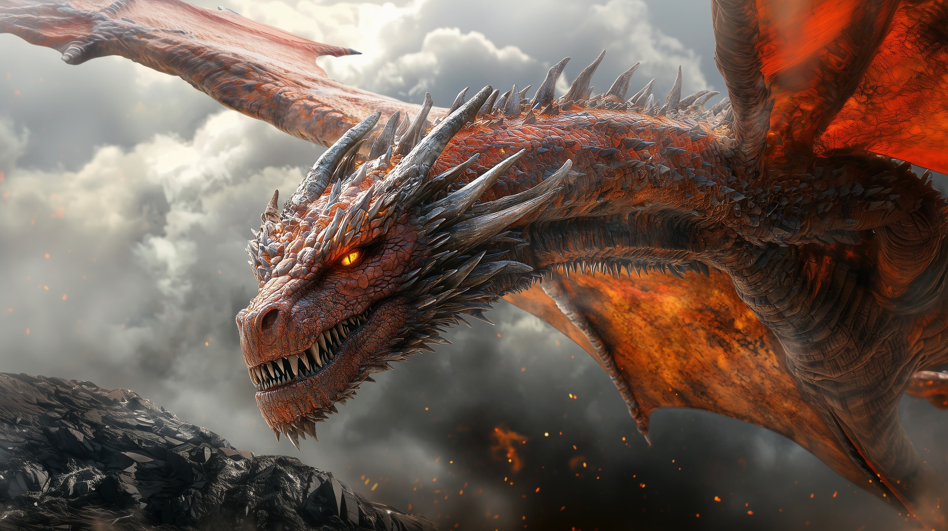Fiery Dragon in Stormy Skies: Epic Lava-Scaled Beast Wallpaper - High Resolution dragon-art Wallpaper for Mobile and Desktop