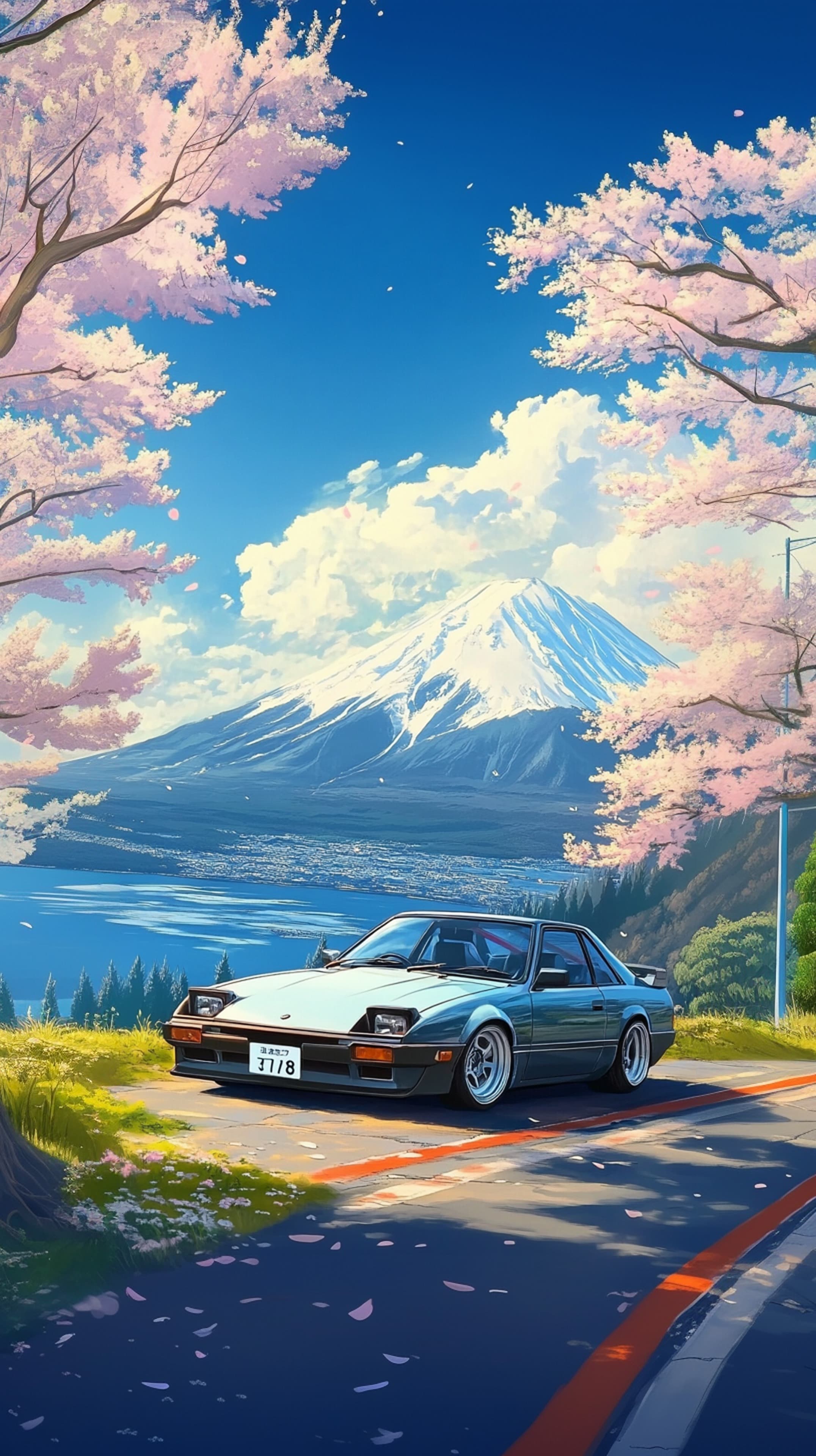 Pastel Sakura Drive: Scenic Mountain Vista with Classic Car - High Resolution mountain-landscape Wallpaper for Mobile and Desktop