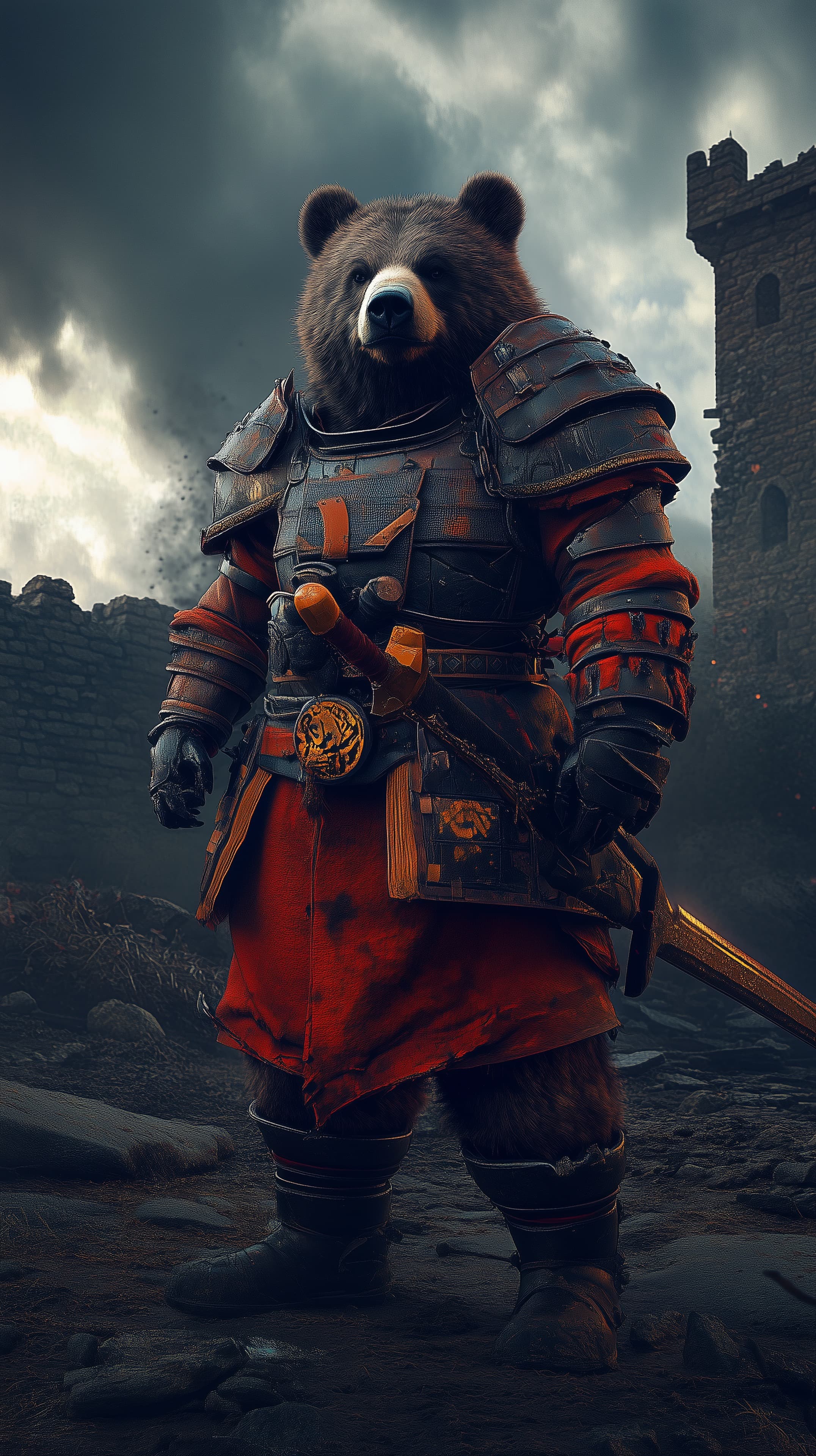 Bear Knight in Heavy Armor Stands Amid Dark Ruins Stormy - High Resolution armor Wallpaper for Mobile and Desktop