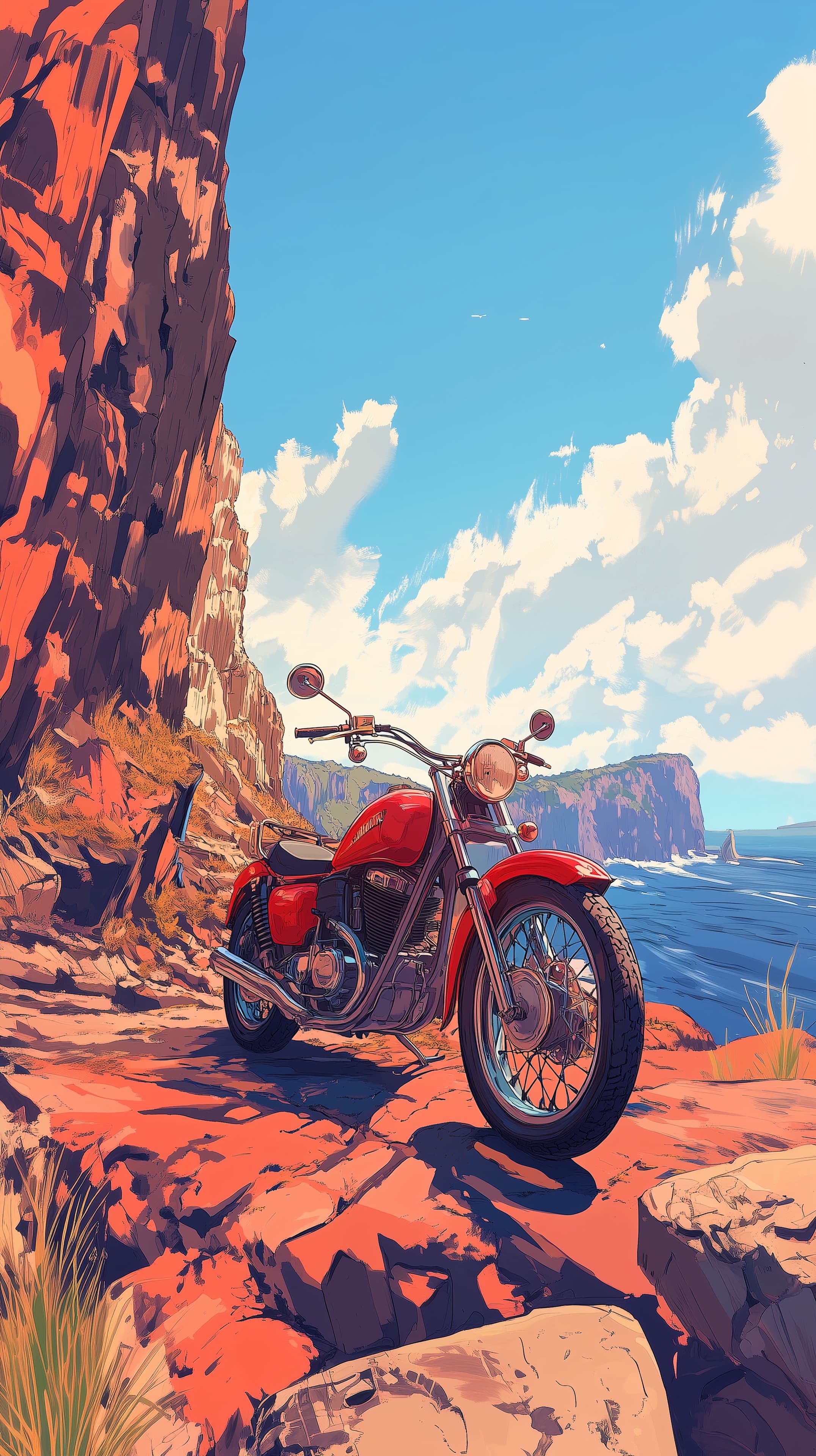 Red Motorcycle on Dramatic Cliffside Coastline in Vibrant Coastal Art - High Resolution motorcycle Wallpaper for Mobile and Desktop