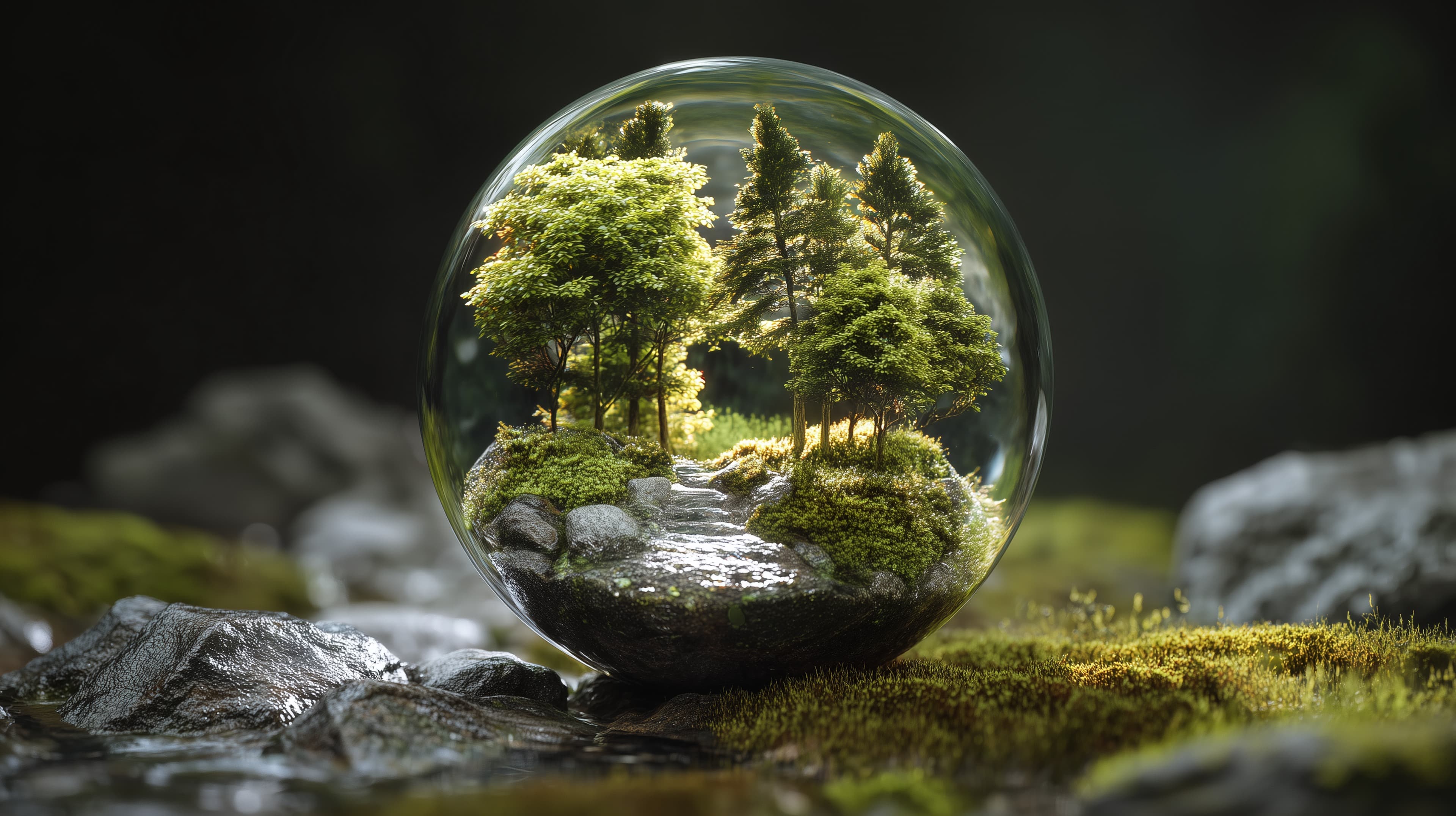 Enchanting Glass Sphere Forest: A Tiny Woodland Inside a Crystal Globe - High Resolution calm-nature Wallpaper for Mobile and Desktop