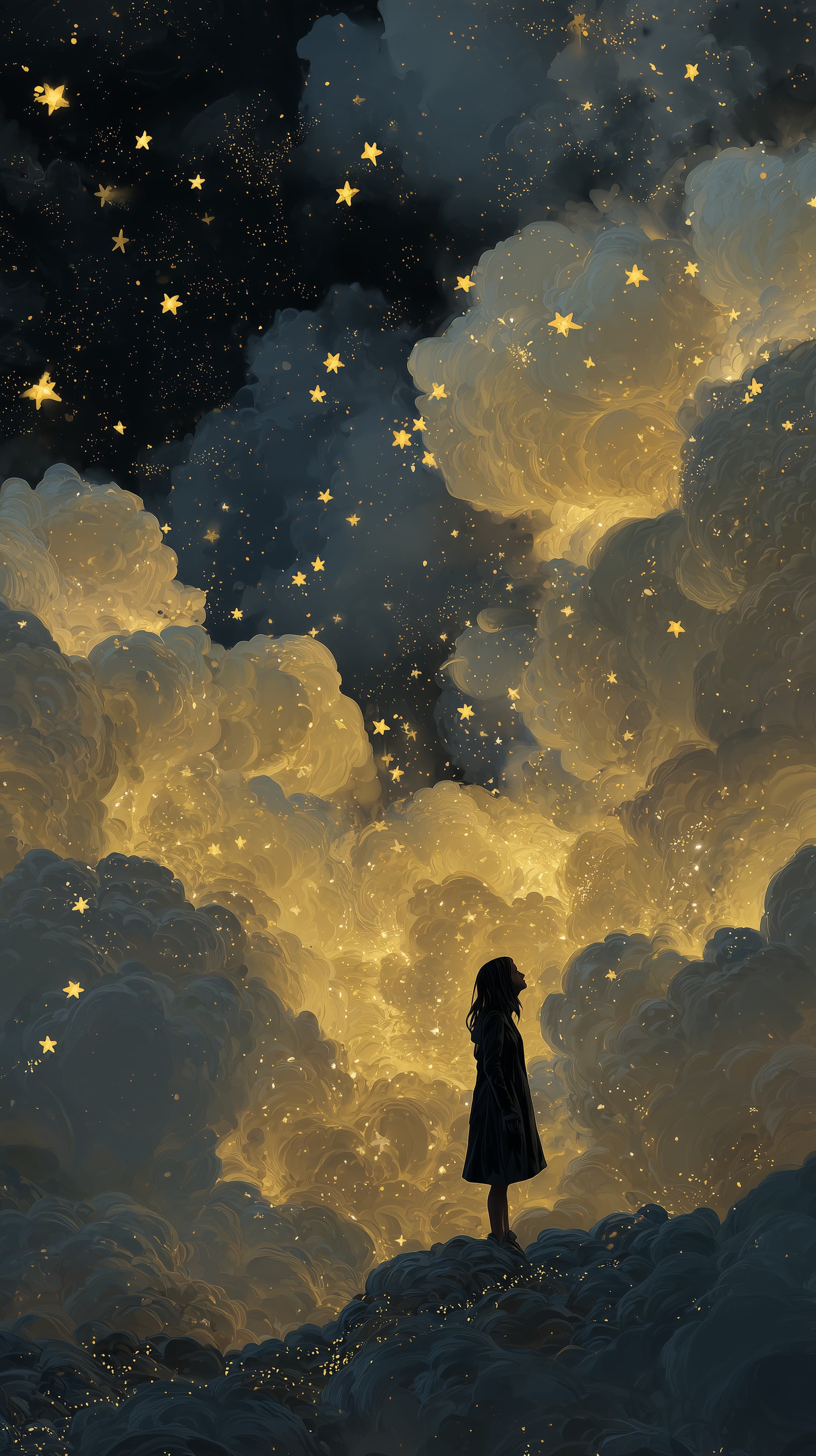 Dreamy night sky with golden clouds, stars and silhouette figure - High Resolution cloudscape Wallpaper for Mobile and Desktop