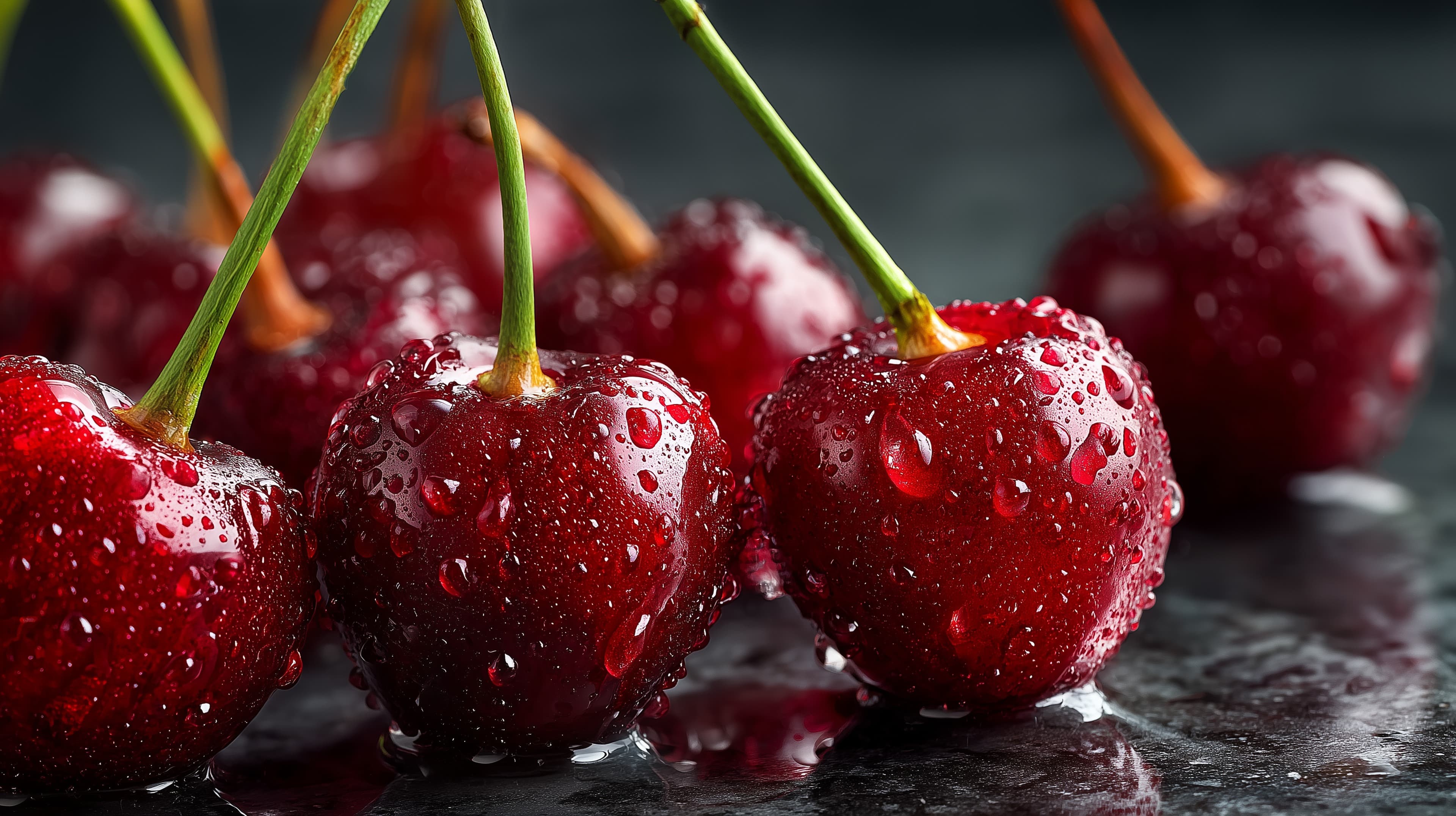 Vibrant Cherries Macro Wallpaper with Water Droplets - High Resolution close-up Wallpaper for Mobile and Desktop