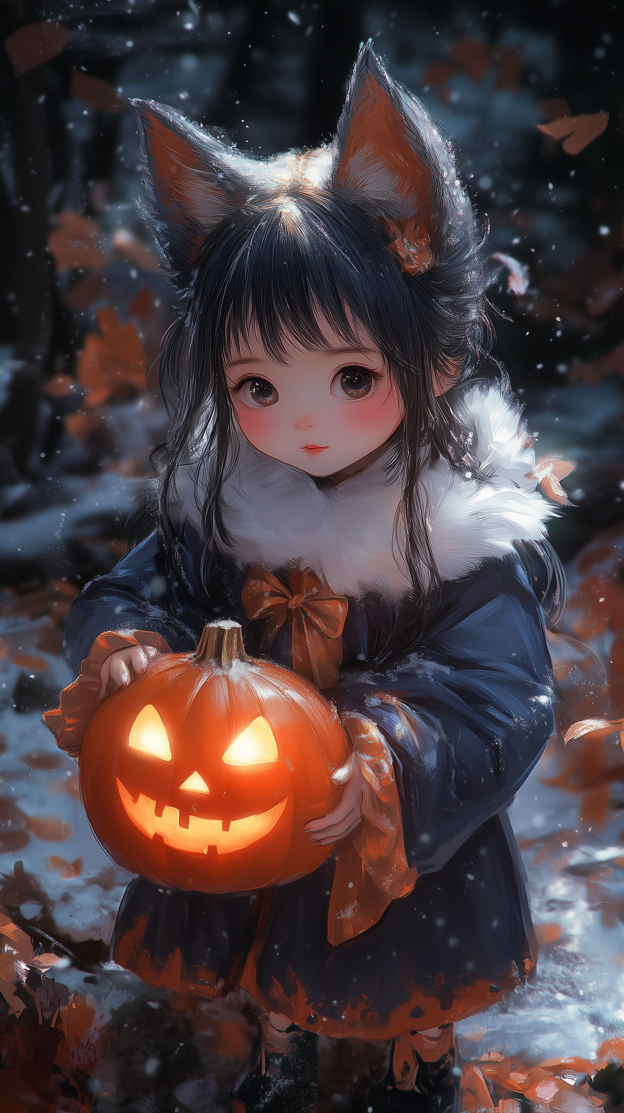 Fox-Eared Girl with Glowing Pumpkin in Winter Night Scene - High Resolution anime-art Wallpaper for Mobile and Desktop