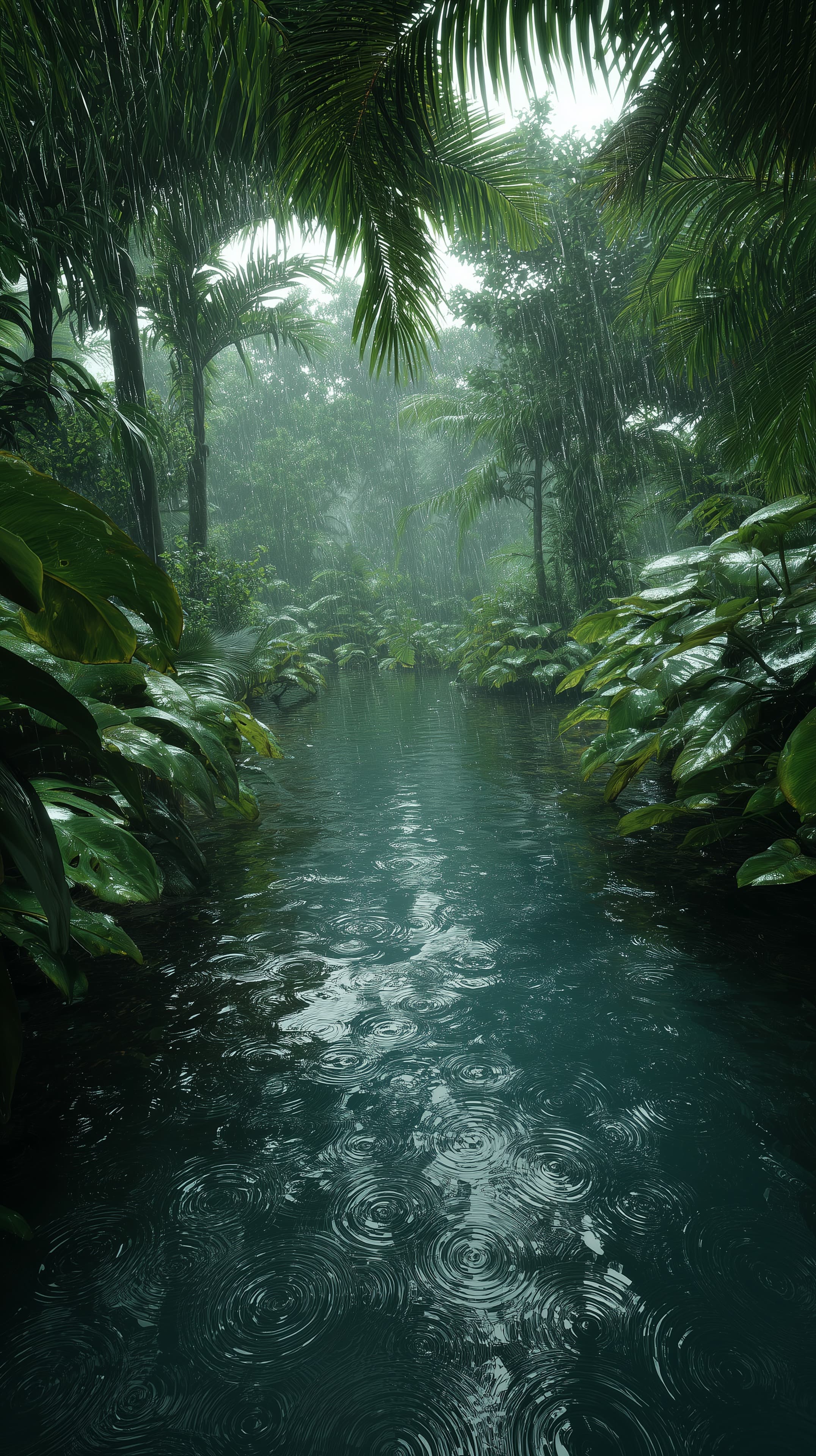 Rainy Tropical Jungle River: Lush Greenery & Raindrop Ripples - High Resolution foliage Wallpaper for Mobile and Desktop