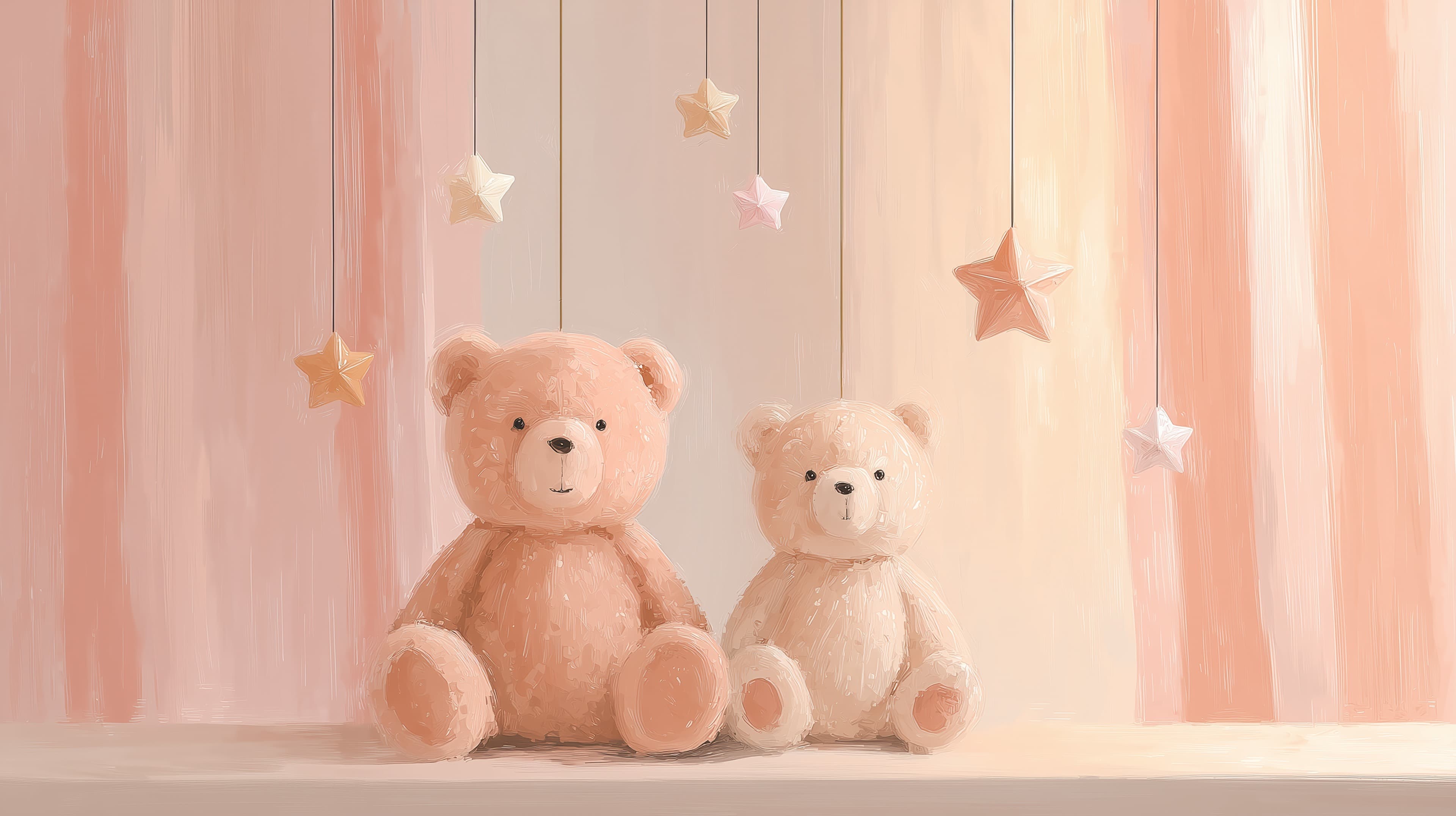 Pastel Teddy Bears Wallpaper with Hanging Stars for Nursery - High Resolution children-s-room Wallpaper for Mobile and Desktop