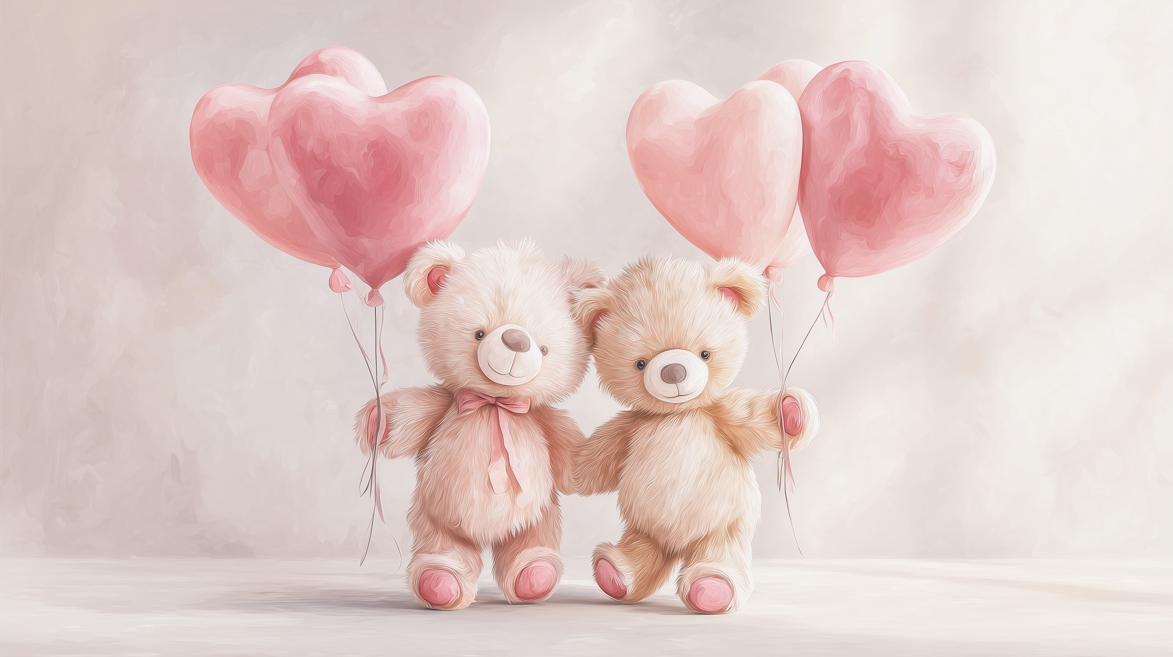 Whimsical Teddy Bears with Pink Heart Balloons — Soft Pastel Wall Art - High Resolution adorable-wallpaper Wallpaper for Mobile and Desktop