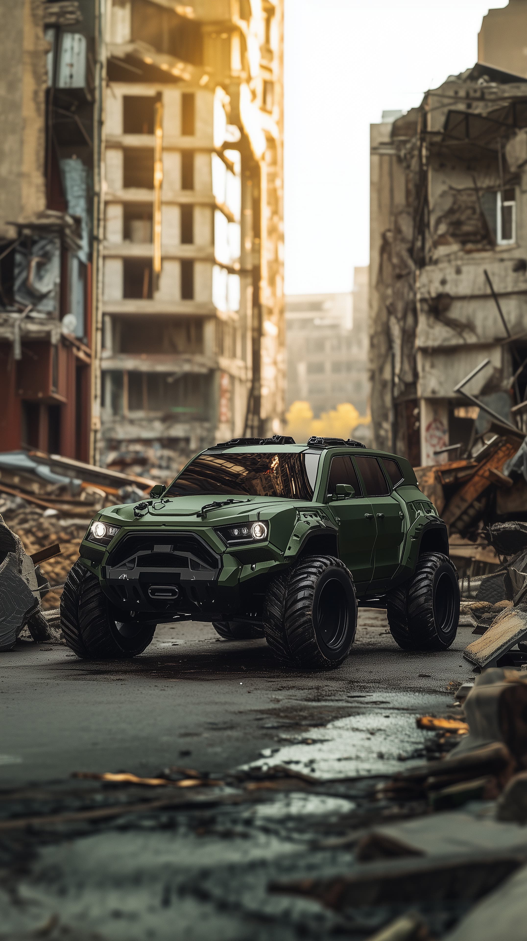 Rugged Green Off-Road SUV in a Ruined City Wallpaper - High Resolution automotive Wallpaper for Mobile and Desktop