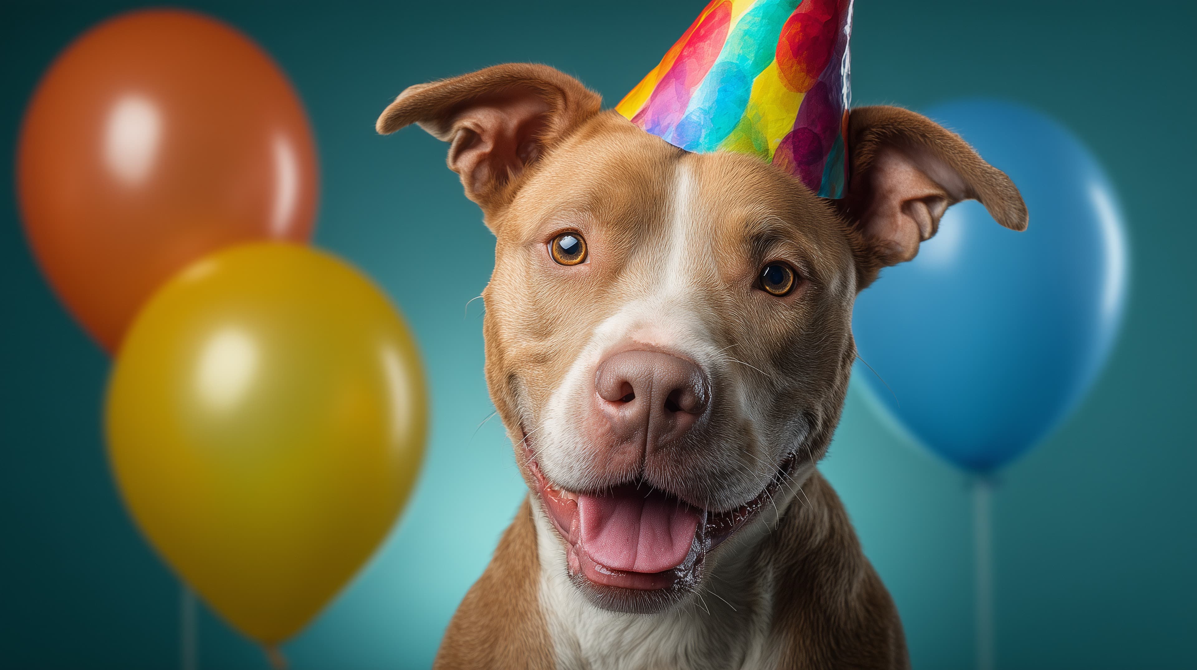 Playful Birthday Dog Wallpaper with Party Hat and Balloons - High Resolution dog Wallpaper for Mobile and Desktop