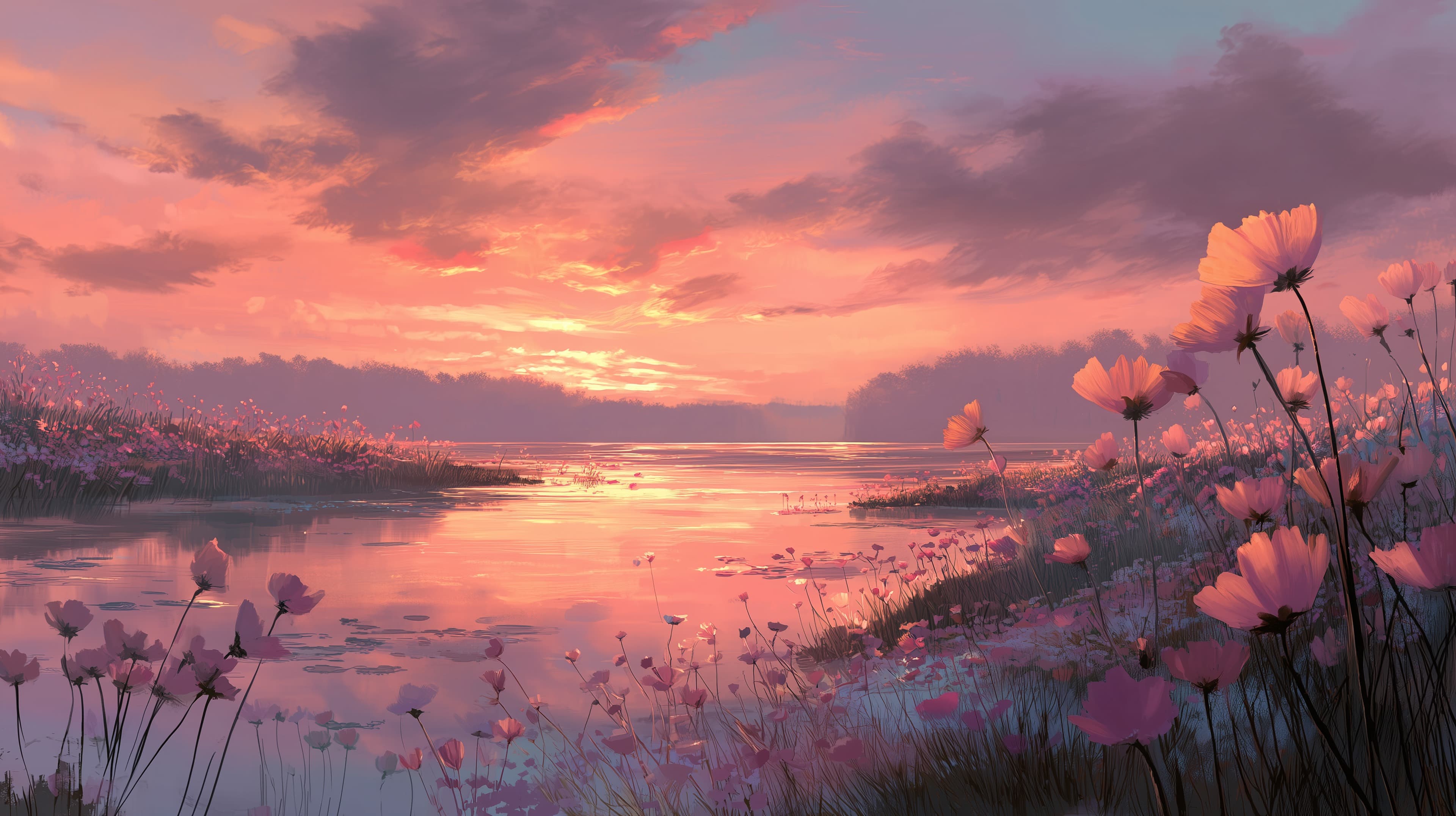 Dreamy Sunset Lakeside Scene with Pink Flower Field - High Resolution calm Wallpaper for Mobile and Desktop