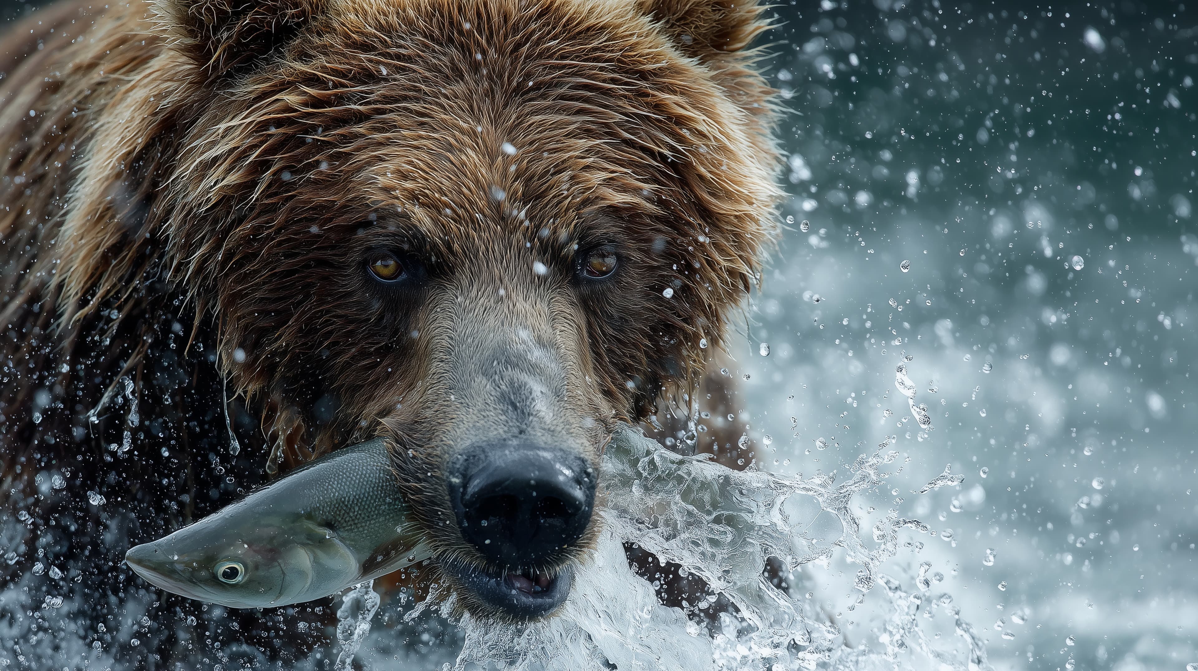 Close-Up Bear with a Fresh Fish in Snowy Splash Wildlife Wallpaper - High Resolution bear Wallpaper for Mobile and Desktop